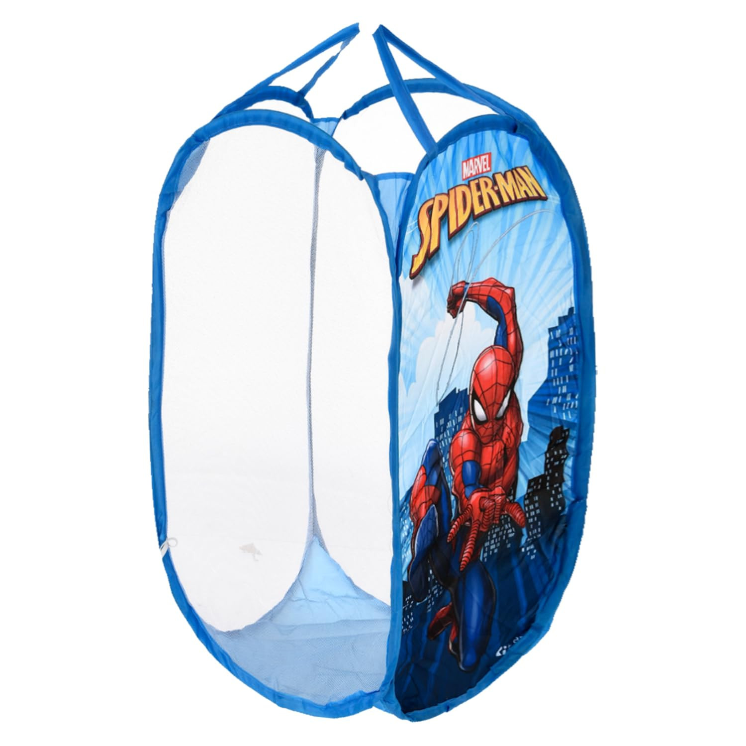 Kuber Industries Laundry Basket  Marvel Spiderman Net Foldable Laundry  Nylon Storage Basket with Handle  Basket for Home  Toy Storage  30 LTR  Sky Blue