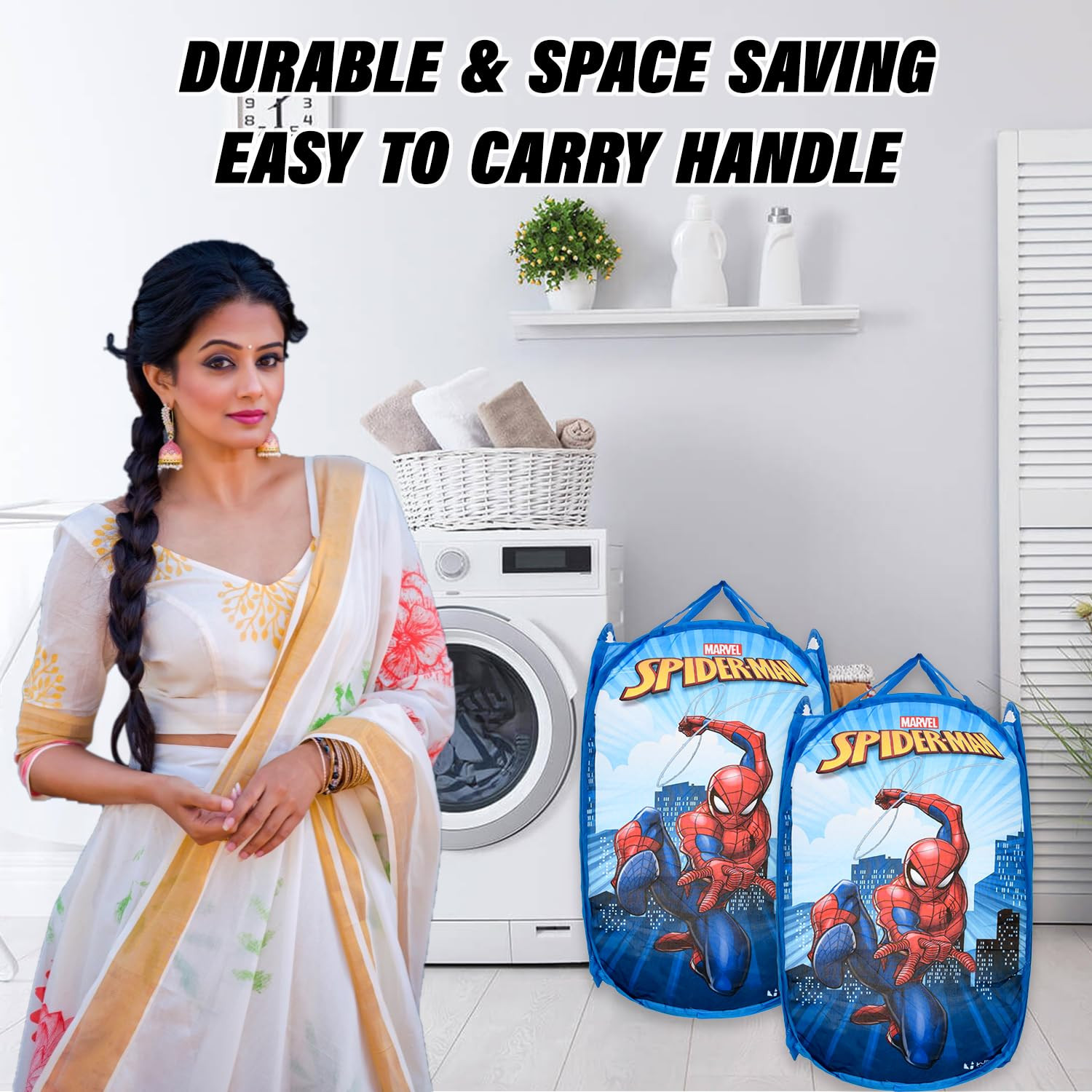 Kuber Industries Laundry Basket  Marvel Spiderman Net Foldable Laundry  Nylon Storage Basket with Handle  Basket for Home  Toy Storage  30 LTR  Sky Blue