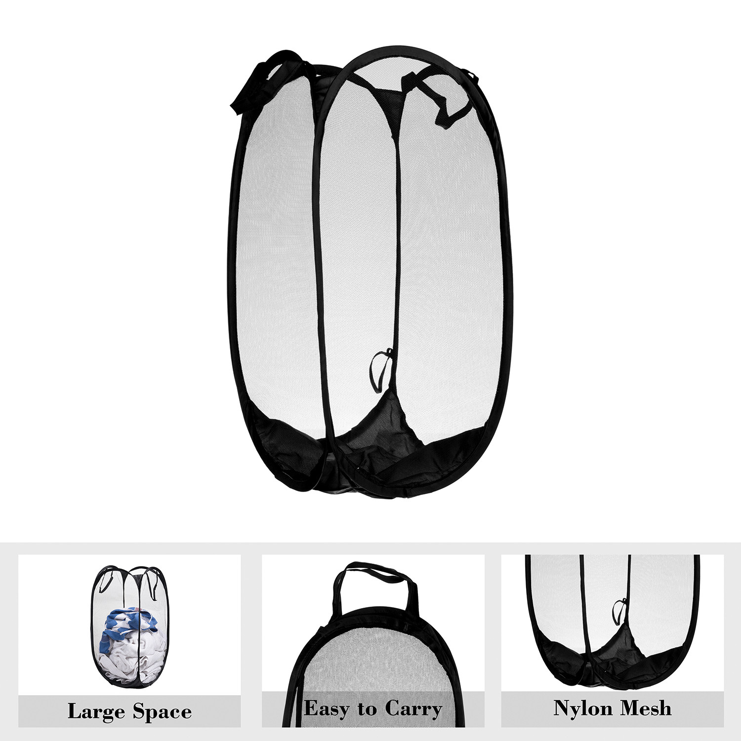 Kuber Industries Laundry Basket  Net Foldable Laundry  Nylon Storage Basket with Handle  Clothes Basket for Home  Toy Storage  30 LTR  Black