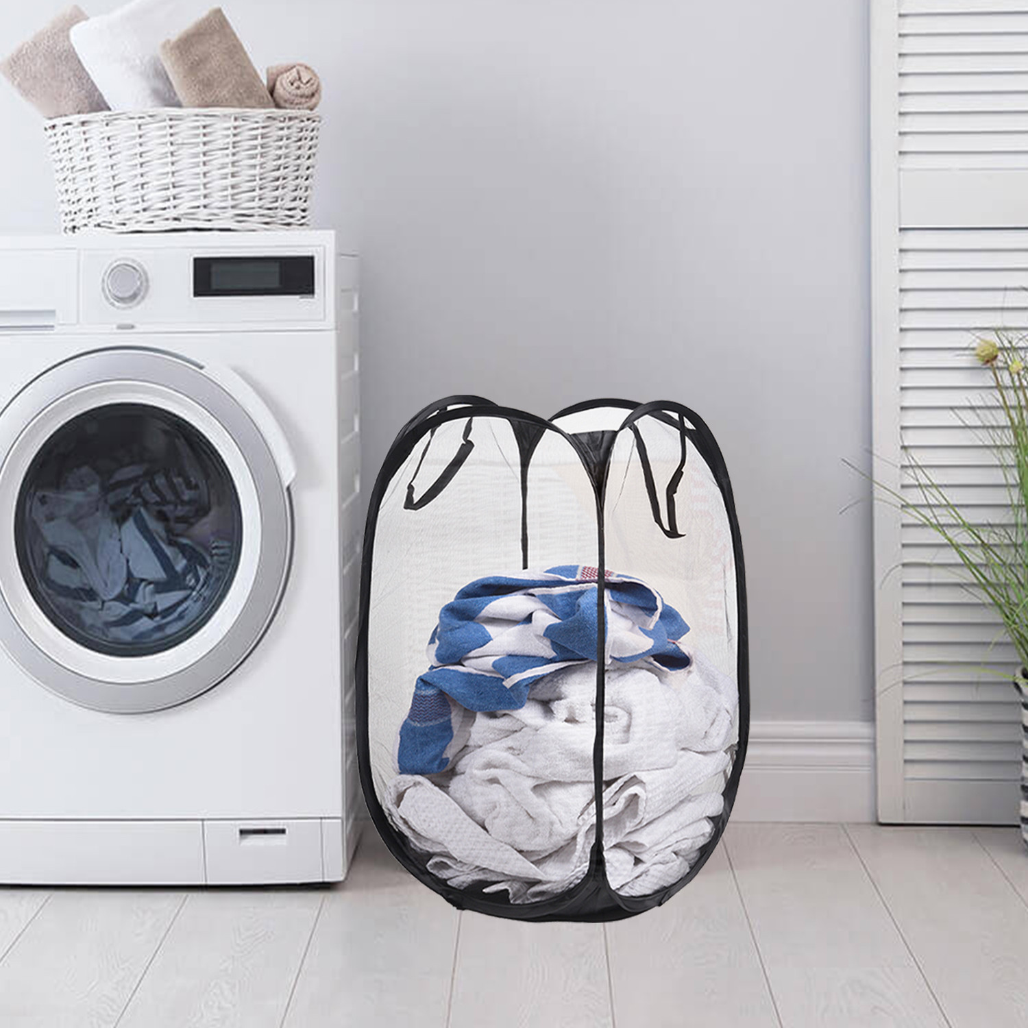 Kuber Industries Laundry Basket  Net Foldable Laundry  Nylon Storage Basket with Handle  Clothes Basket for Home  Toy Storage  30 LTR  Black