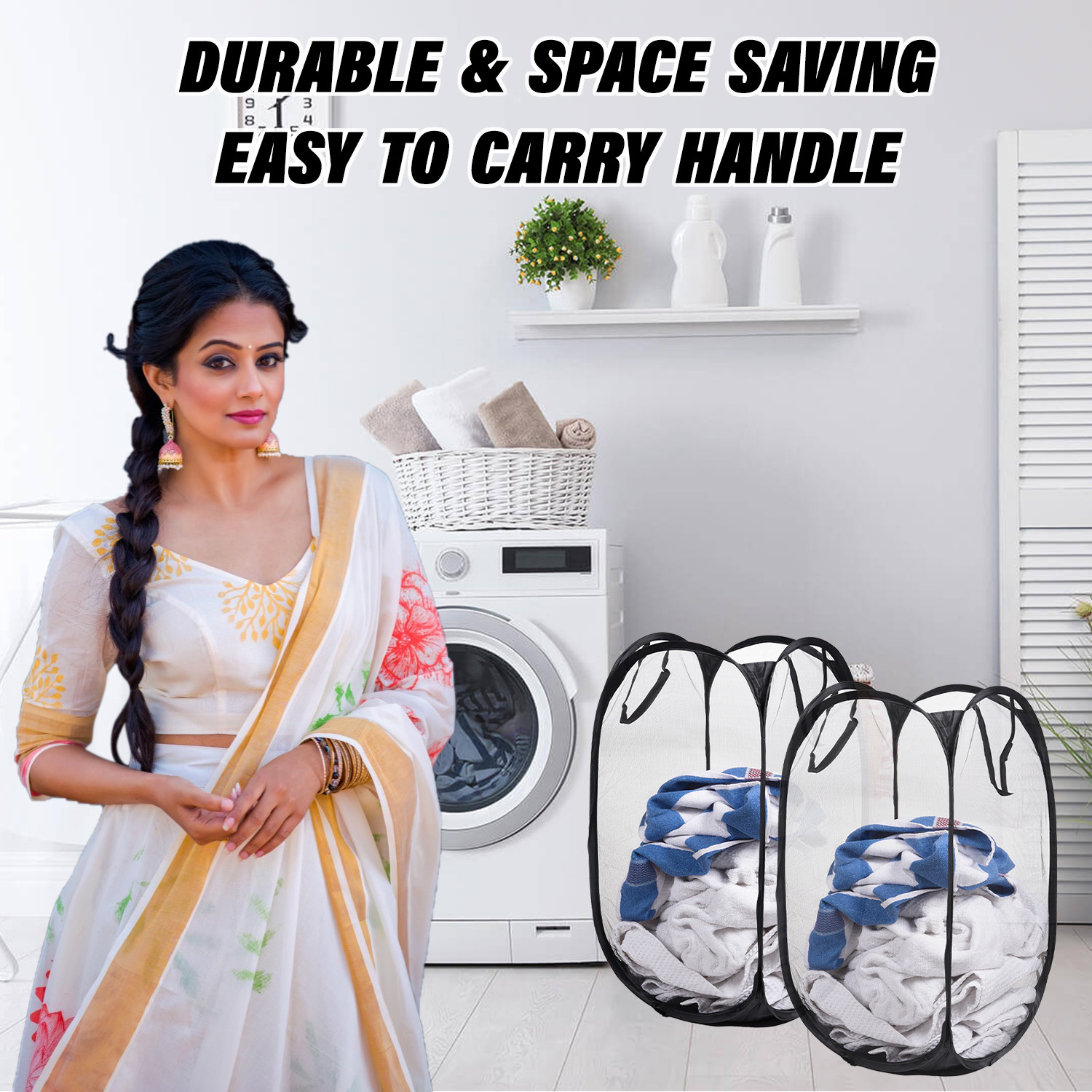 Kuber Industries Laundry Basket  Net Foldable Laundry  Nylon Storage Basket with Handle  Clothes Basket for Home  Toy Storage  30 LTR  Black