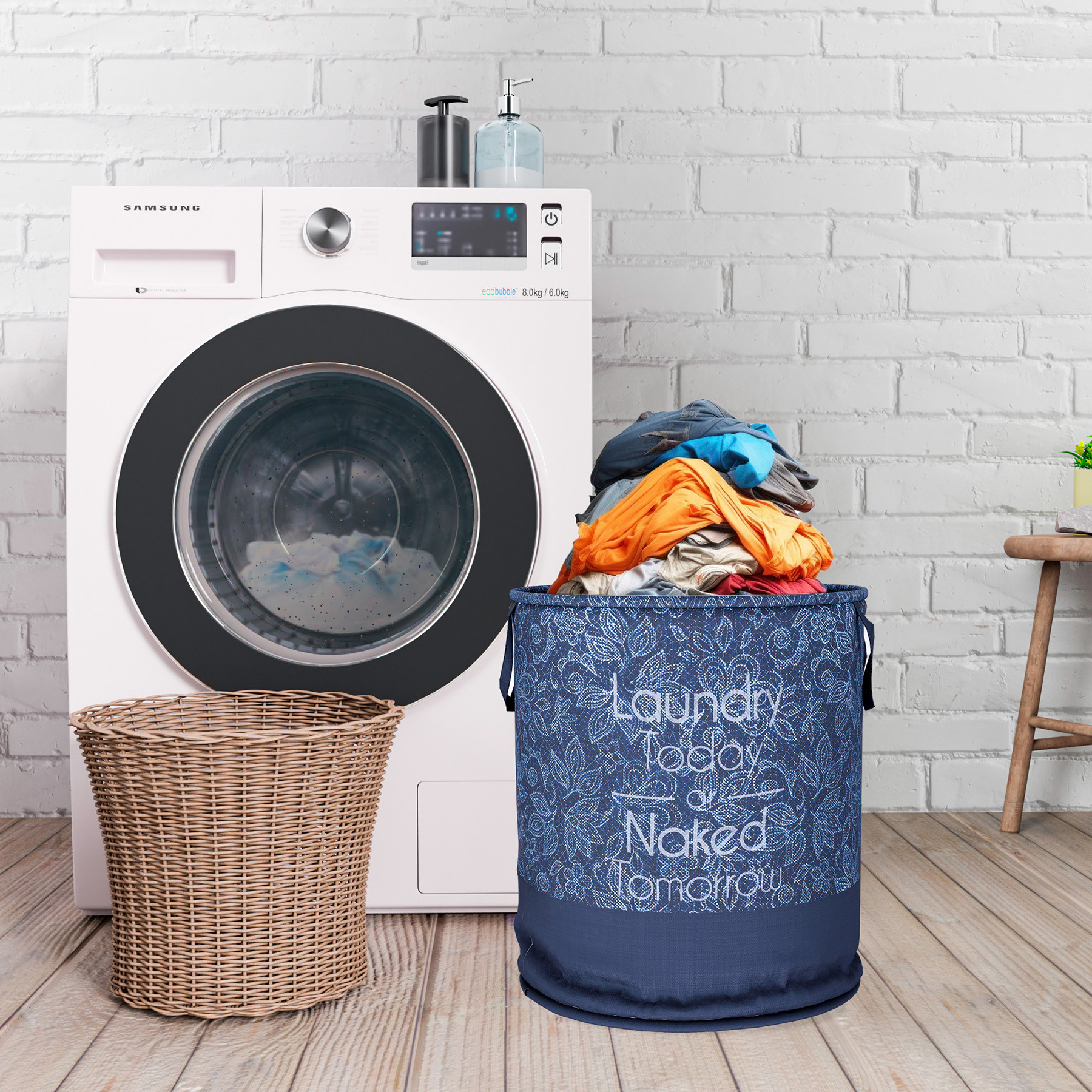 Kuber Industries Laundry Basket  Non-Woven Round Laundry Basket  Clothes Storage Hamper  Foldable Laundry Bag with Handle  Toy Storage Basket  Flower-Print  45 LTR  Navy Blue
