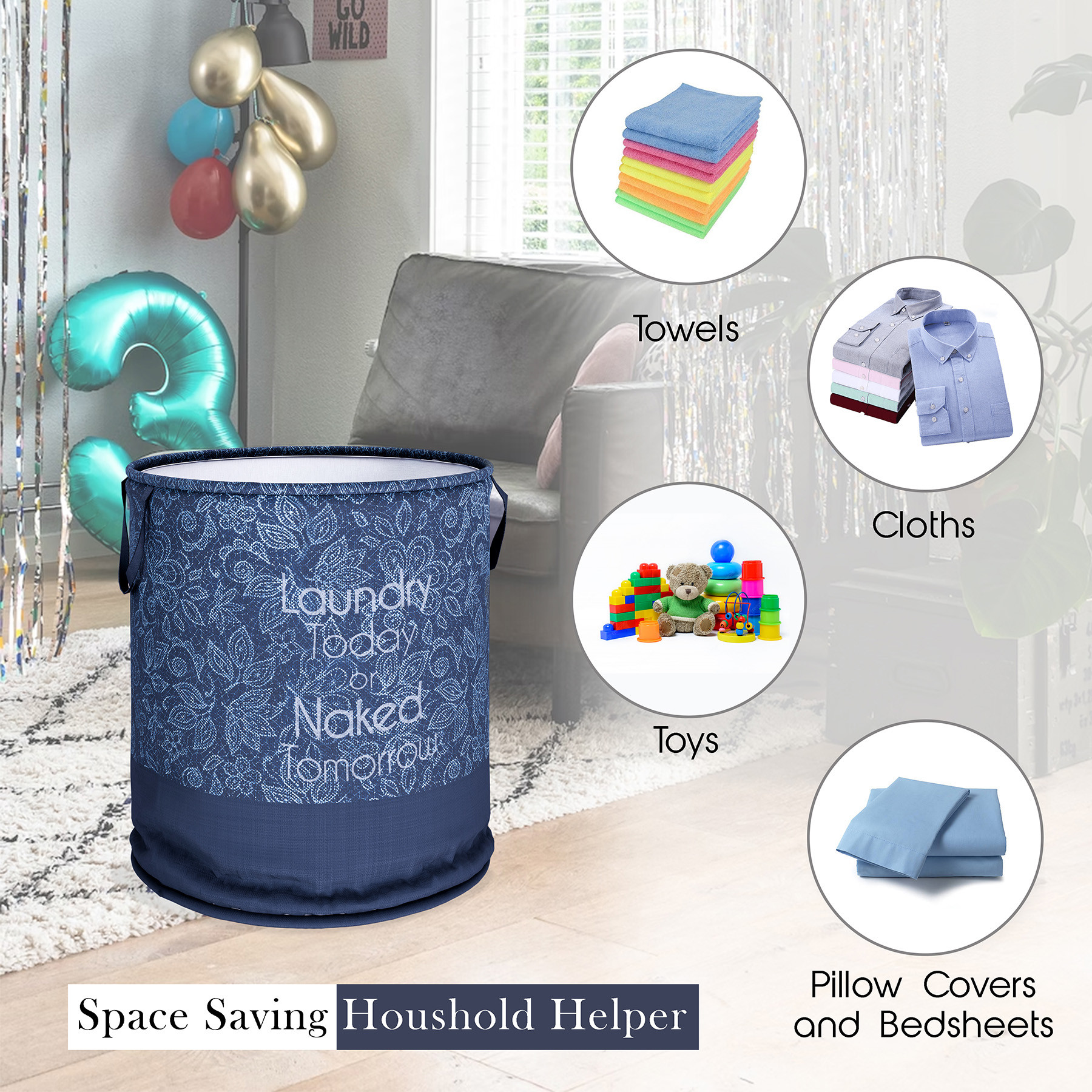 Kuber Industries Laundry Basket  Non-Woven Round Laundry Basket  Clothes Storage Hamper  Foldable Laundry Bag with Handle  Toy Storage Basket  Flower-Print  45 LTR  Navy Blue