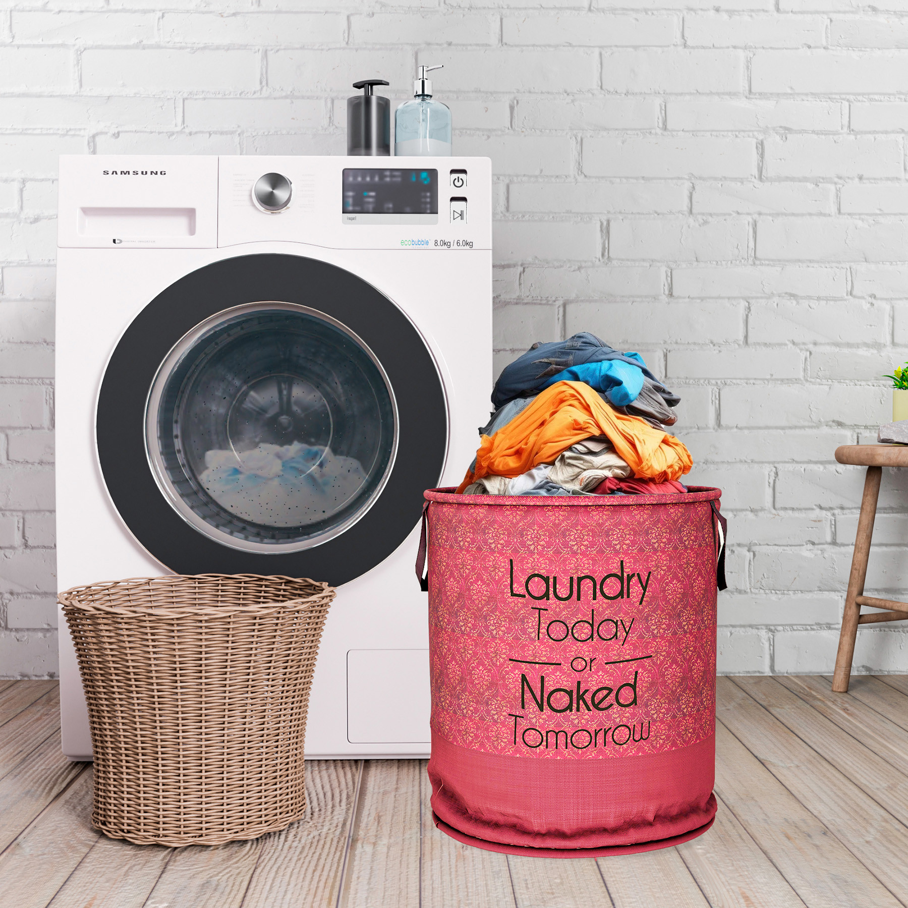 Kuber Industries Laundry Basket  Non-Woven Round Laundry Basket  Clothes Storage Hamper  Foldable Laundry Bag with Handle  Toy Storage Basket  Golden-Print  45 LTR  Maroon