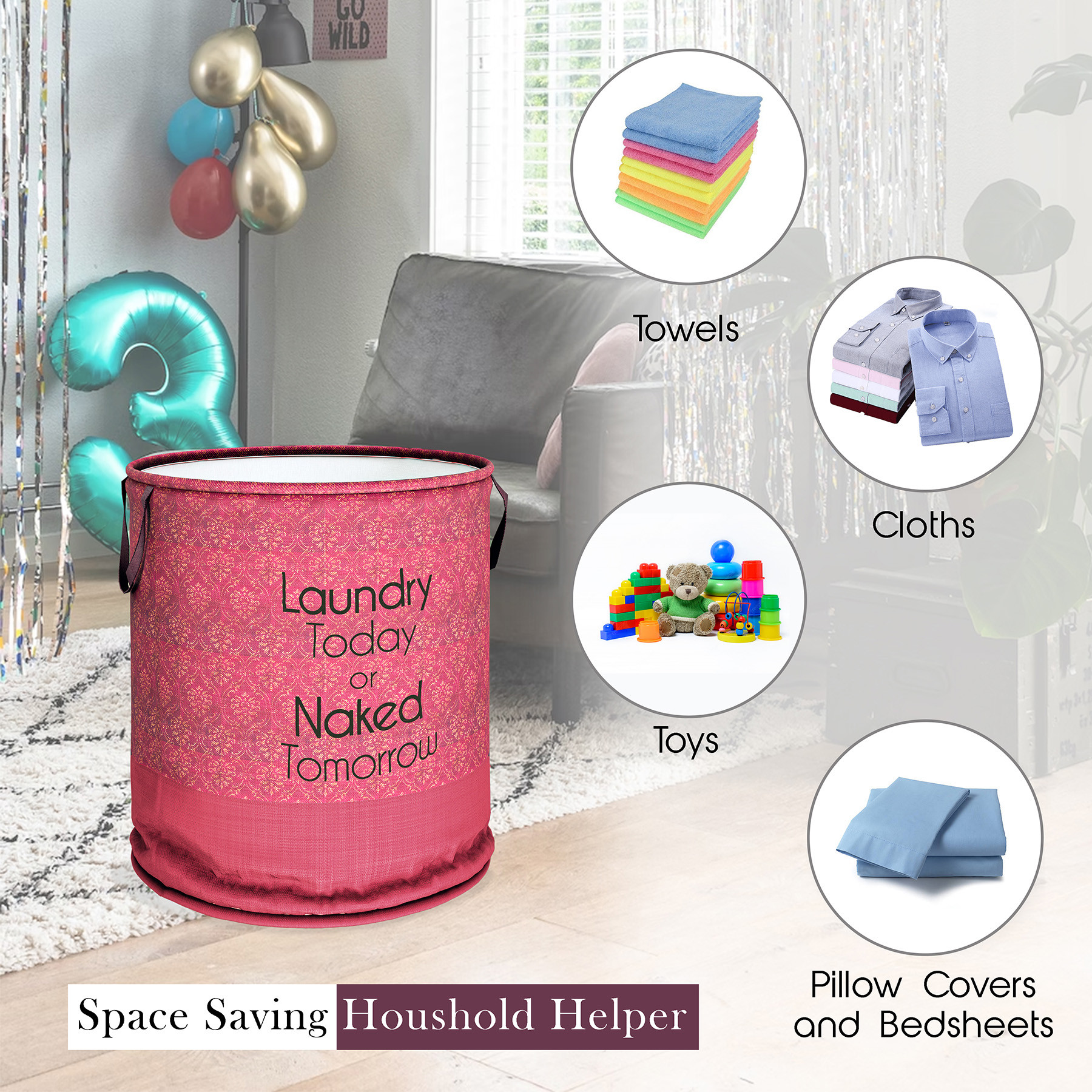 Kuber Industries Laundry Basket  Non-Woven Round Laundry Basket  Clothes Storage Hamper  Foldable Laundry Bag with Handle  Toy Storage Basket  Golden-Print  45 LTR  Maroon