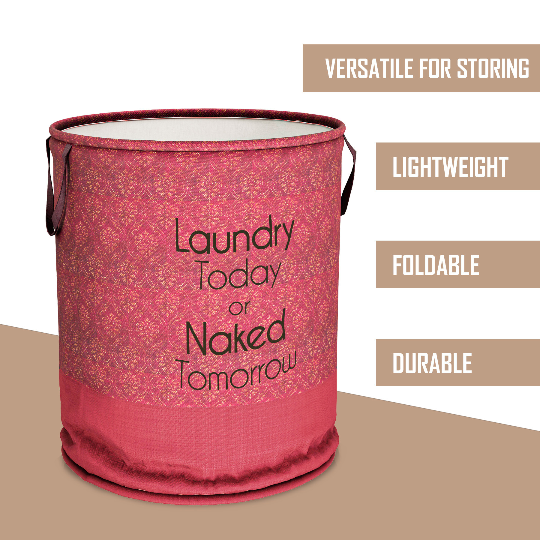 Kuber Industries Laundry Basket  Non-Woven Round Laundry Basket  Clothes Storage Hamper  Foldable Laundry Bag with Handle  Toy Storage Basket  Golden-Print  45 LTR  Maroon