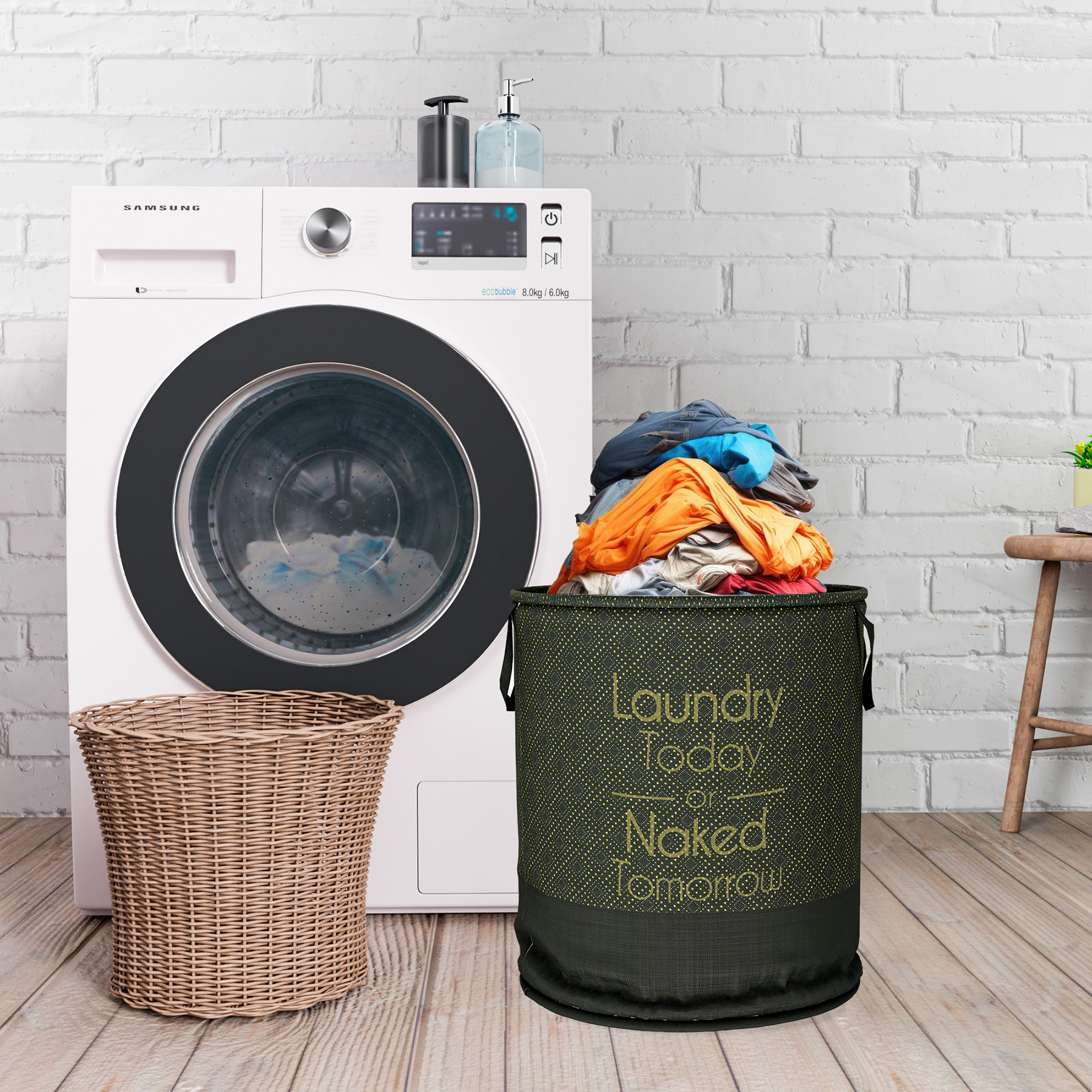 Kuber Industries Laundry Basket  Non-Woven Round Laundry Basket  Clothes Storage Hamper  Foldable Laundry Bag with Handle  Toy Storage Basket  Golden Dot  45 LTR  Black