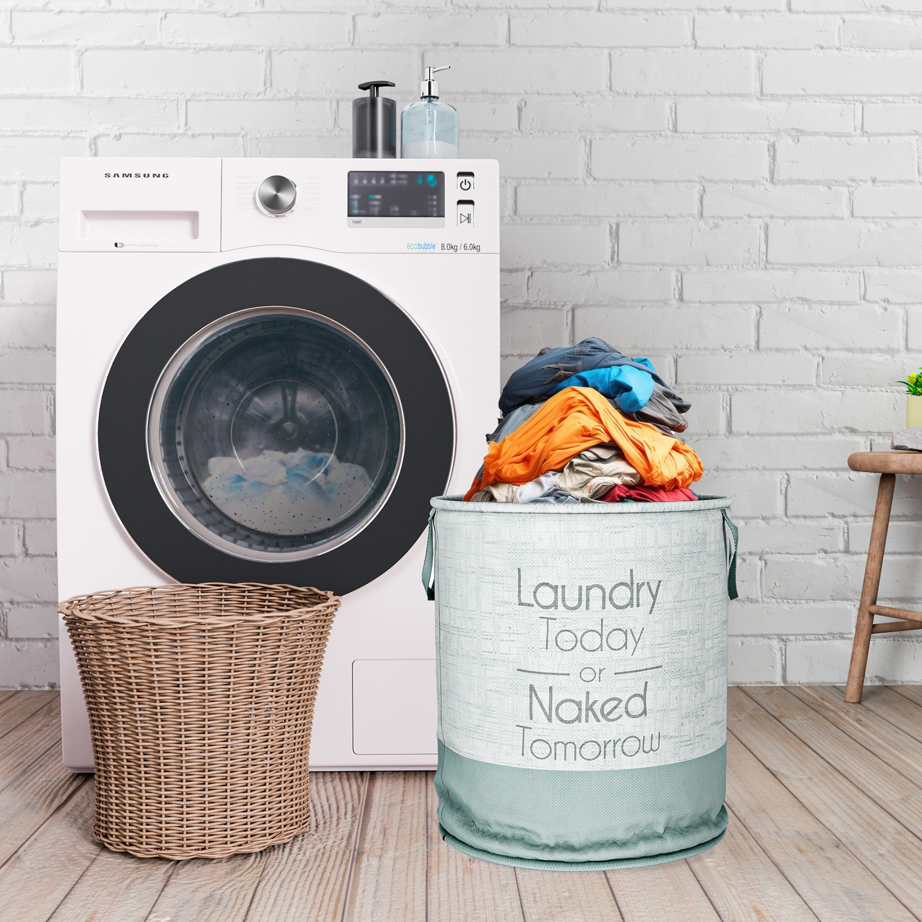 Kuber Industries Laundry Basket  Non-Woven Round Laundry Basket  Clothes Storage Hamper  Foldable Laundry Bag with Handle  Toy Storage Basket  Jute-Print  45 LTR  Gray