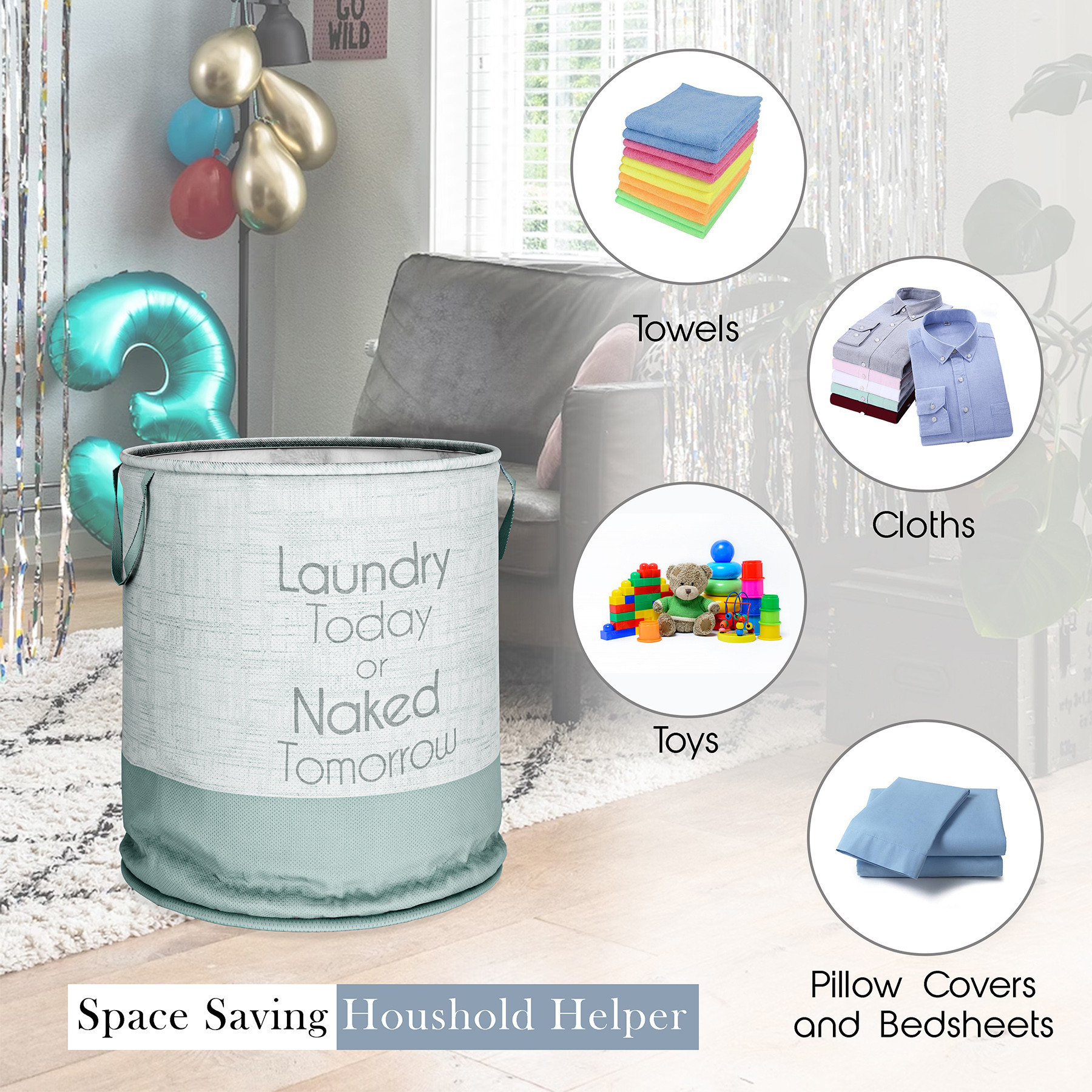 Kuber Industries Laundry Basket  Non-Woven Round Laundry Basket  Clothes Storage Hamper  Foldable Laundry Bag with Handle  Toy Storage Basket  Jute-Print  45 LTR  Gray