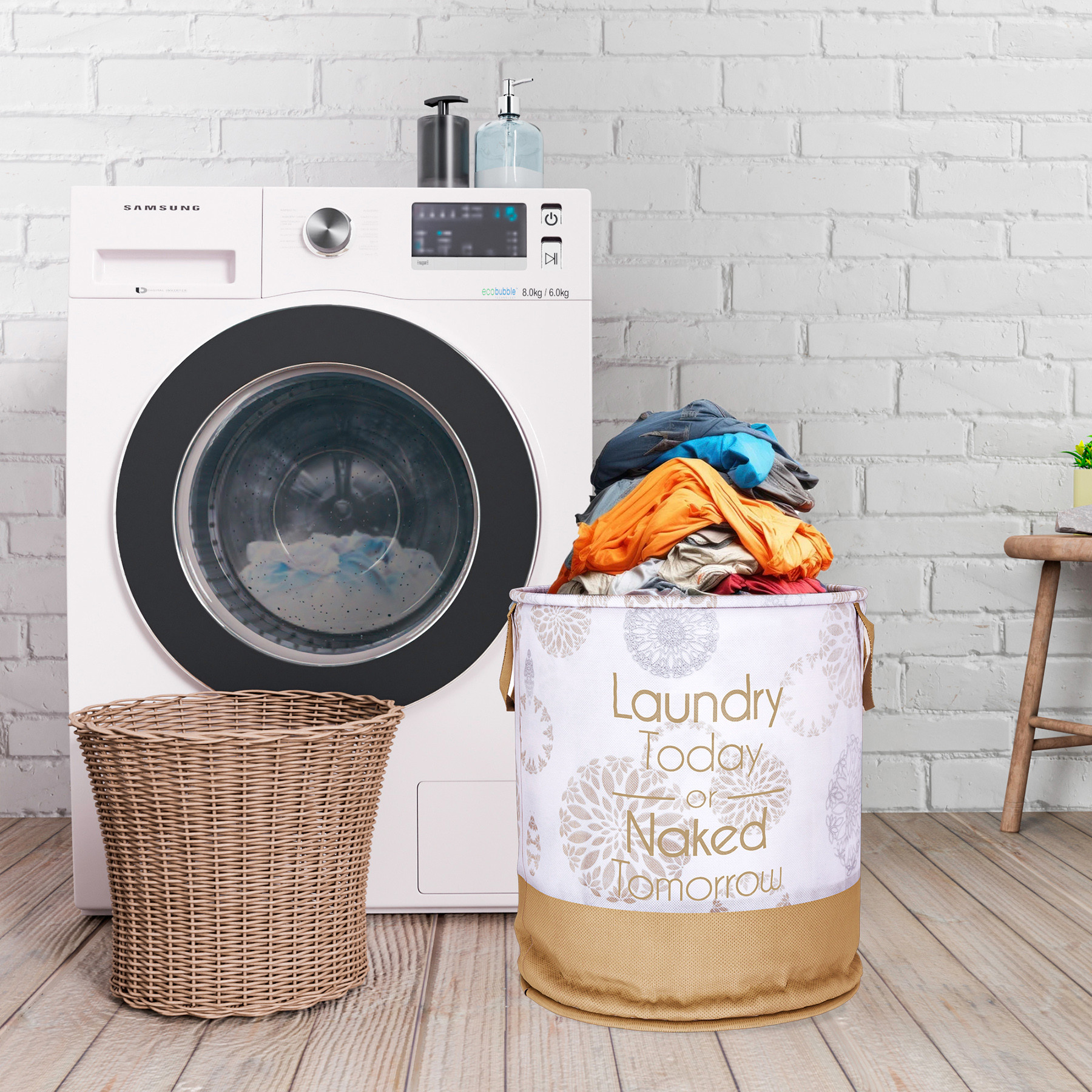 Kuber Industries Laundry Basket  Non-Woven Round Laundry Basket  Clothes Storage Hamper  Foldable Laundry Bag with Handle  Toy Storage Basket  Gola-Print  45 LTR  White