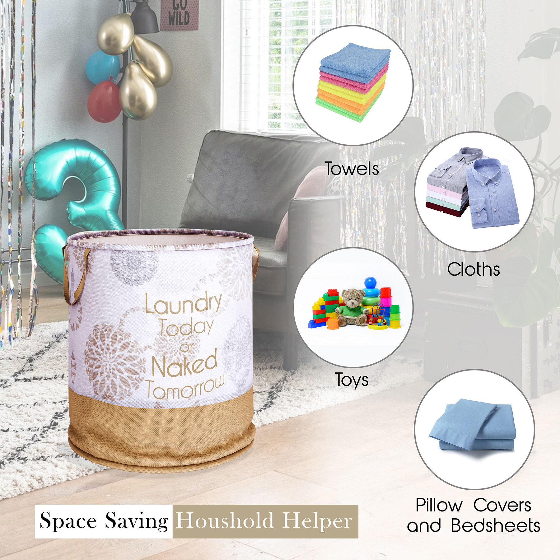 Kuber Industries Laundry Basket  Non-Woven Round Laundry Basket  Clothes Storage Hamper  Foldable Laundry Bag with Handle  Toy Storage Basket  Gola-Print  45 LTR  White