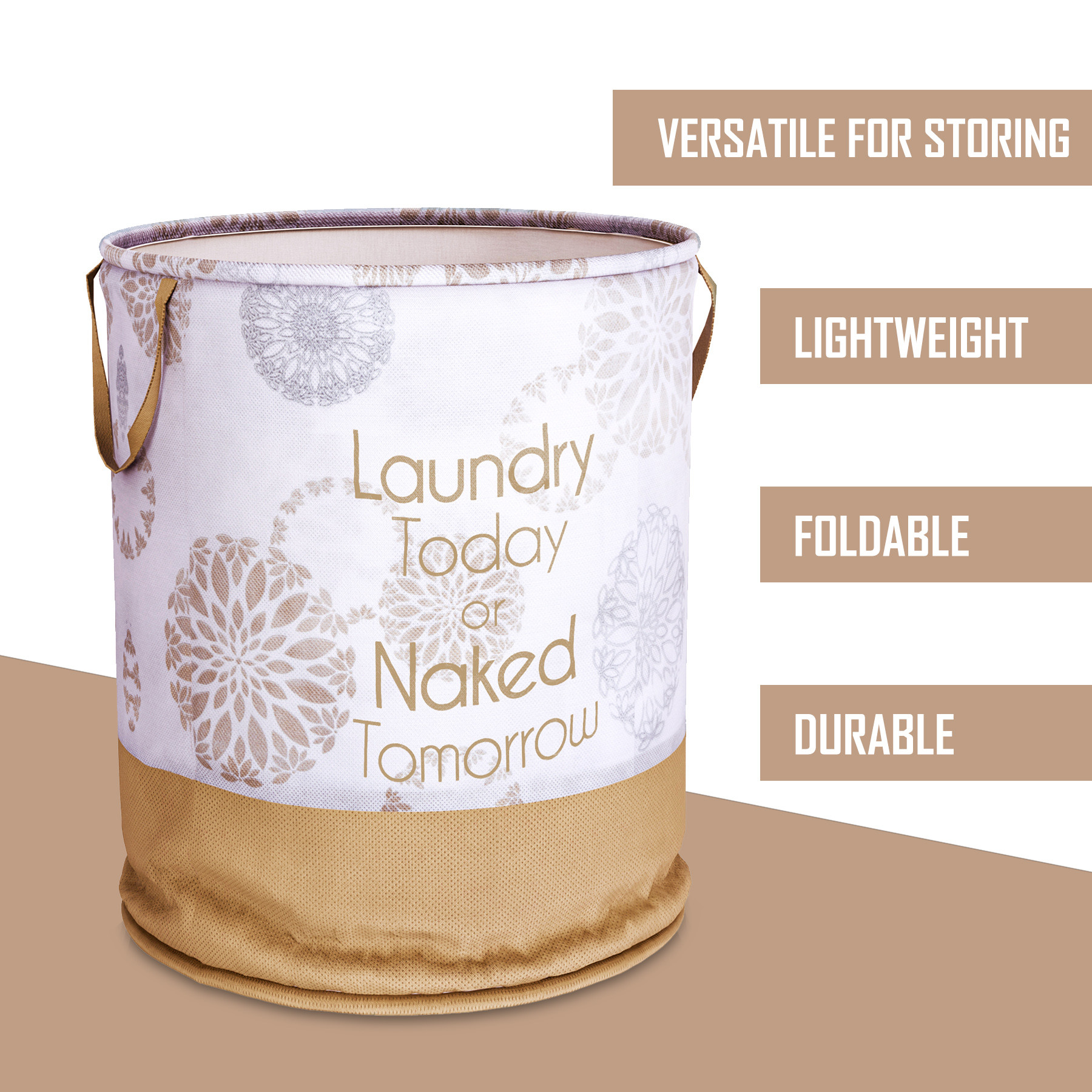 Kuber Industries Laundry Basket  Non-Woven Round Laundry Basket  Clothes Storage Hamper  Foldable Laundry Bag with Handle  Toy Storage Basket  Gola-Print  45 LTR  White