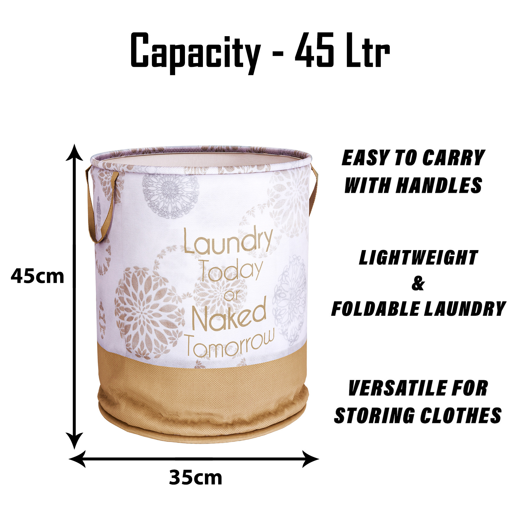 Kuber Industries Laundry Basket | Non-Woven Round Laundry Basket | Clothes Storage Hamper | Foldable Laundry Bag with Handle | Toy Storage Basket | Gola-Print | 45 LTR | White