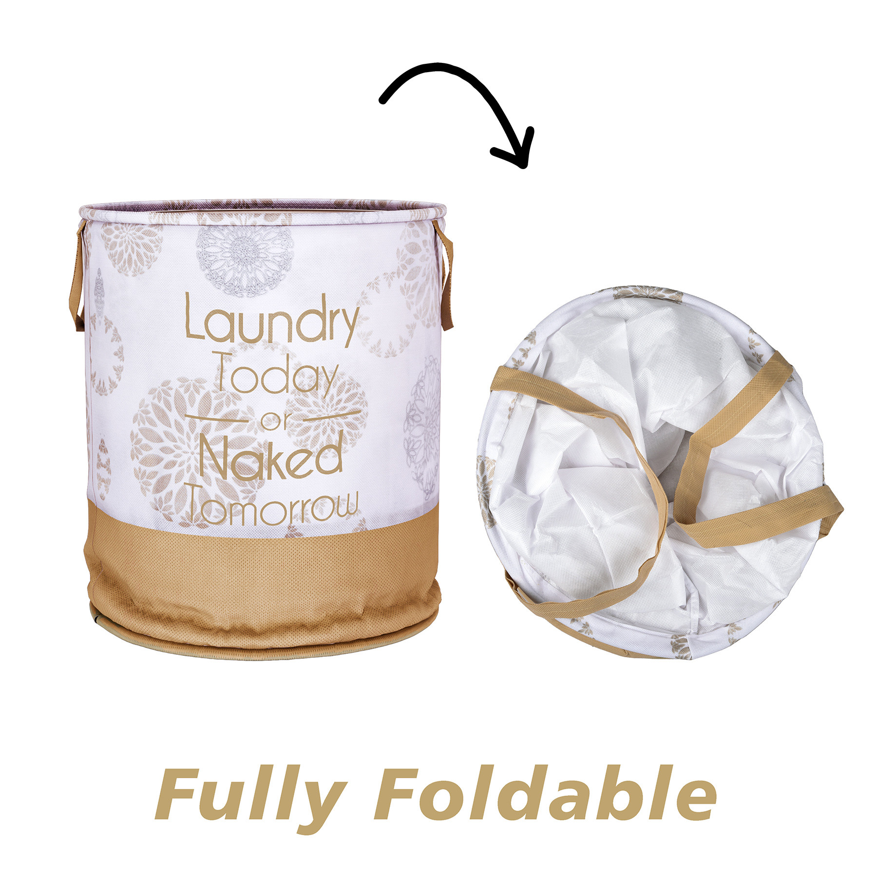 Kuber Industries Laundry Basket | Non-Woven Round Laundry Basket | Clothes Storage Hamper | Foldable Laundry Bag with Handle | Toy Storage Basket | Gola-Print | 45 LTR | White