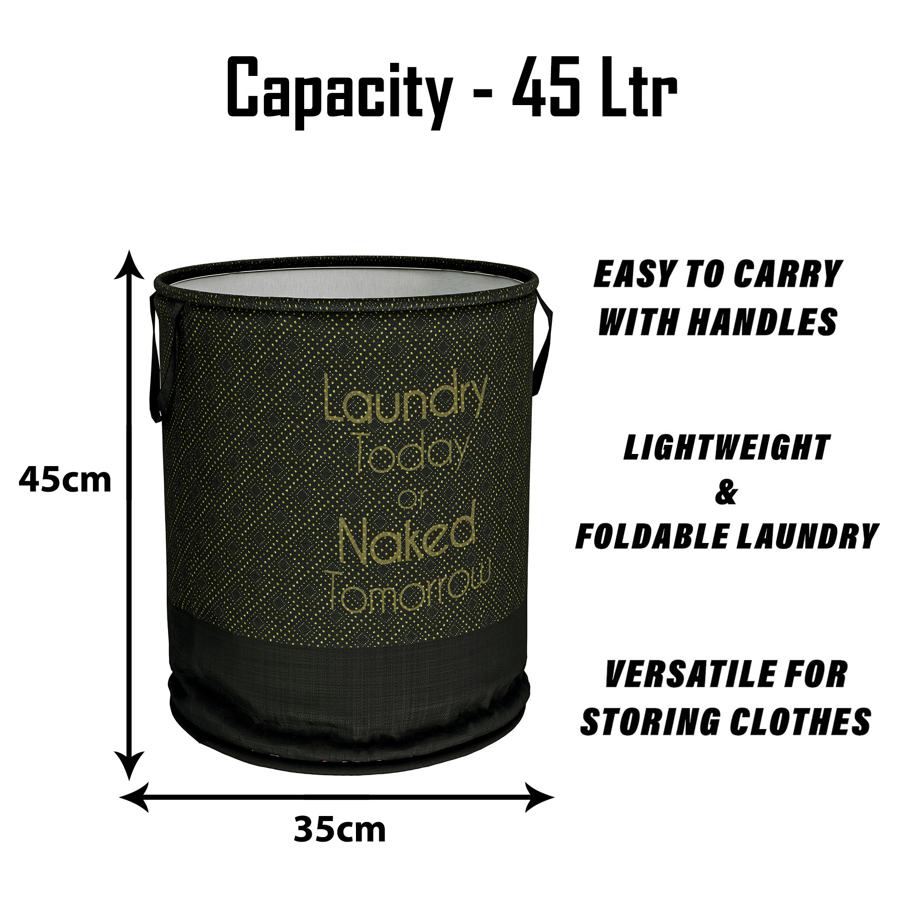 Kuber Industries Laundry Basket | Non-Woven Round Laundry Basket | Clothes Storage Hamper | Foldable Laundry Bag with Handle | Toy Storage Basket | Golden Dot | 45 LTR | Black
