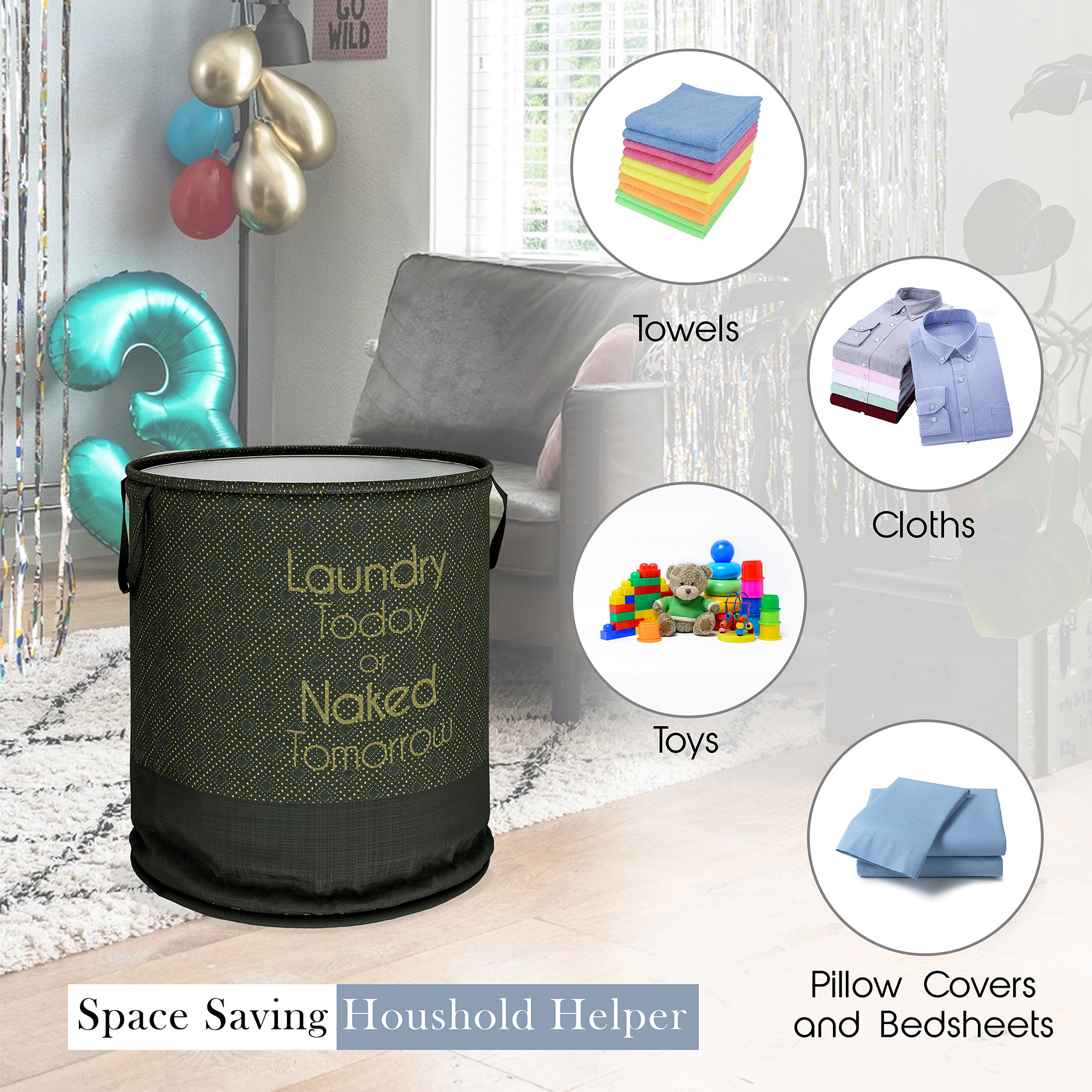 Kuber Industries Laundry Basket | Non-Woven Round Laundry Basket | Clothes Storage Hamper | Foldable Laundry Bag with Handle | Toy Storage Basket | Golden Dot | 45 LTR | Black