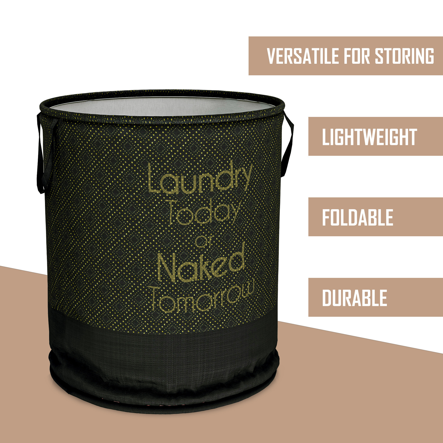 Kuber Industries Laundry Basket | Non-Woven Round Laundry Basket | Clothes Storage Hamper | Foldable Laundry Bag with Handle | Toy Storage Basket | Golden Dot | 45 LTR | Black