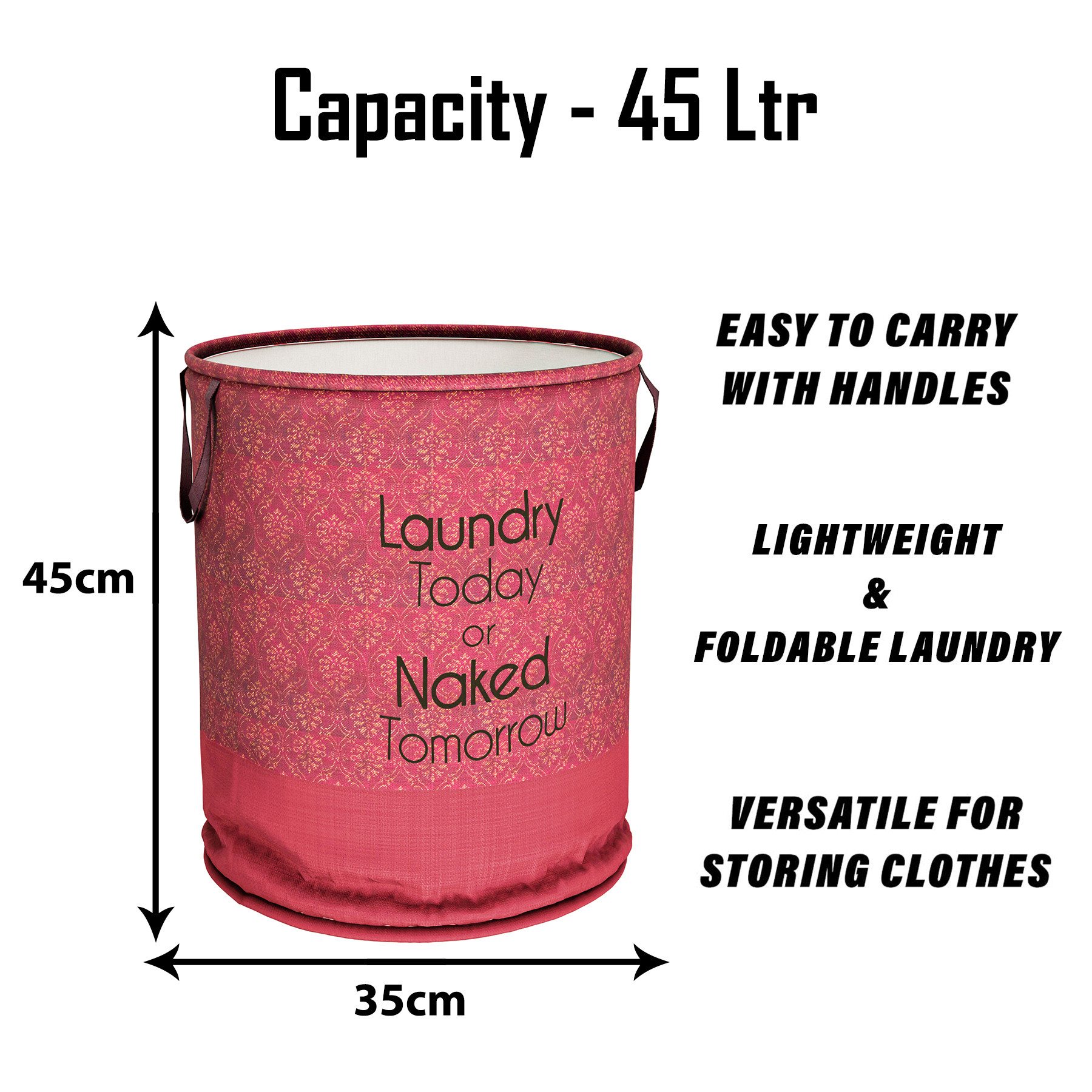 Kuber Industries Laundry Basket | Non-Woven Round Laundry Basket | Clothes Storage Hamper | Foldable Laundry Bag with Handle | Toy Storage Basket | Golden-Print | 45 LTR | Maroon