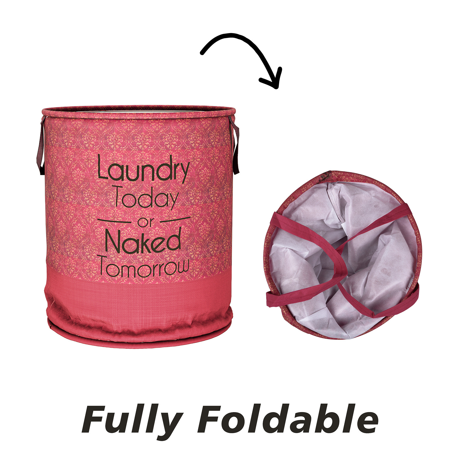 Kuber Industries Laundry Basket | Non-Woven Round Laundry Basket | Clothes Storage Hamper | Foldable Laundry Bag with Handle | Toy Storage Basket | Golden-Print | 45 LTR | Maroon