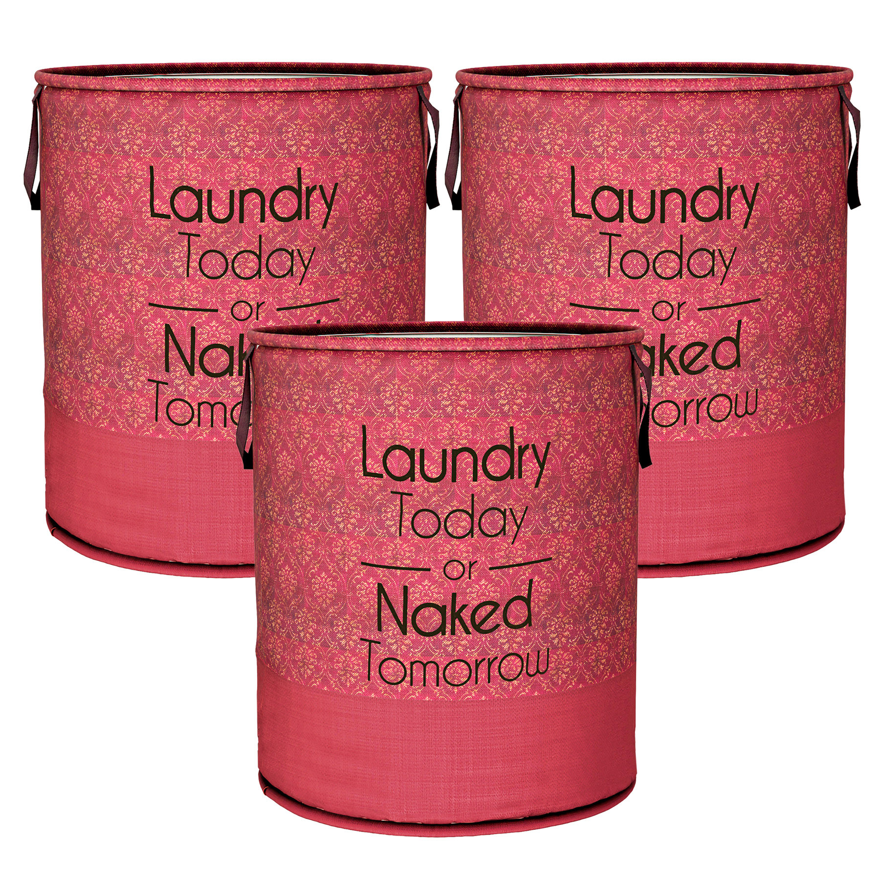 Kuber Industries Laundry Basket | Non-Woven Round Laundry Basket | Clothes Storage Hamper | Foldable Laundry Bag with Handle | Toy Storage Basket | Golden-Print | 45 LTR | Maroon