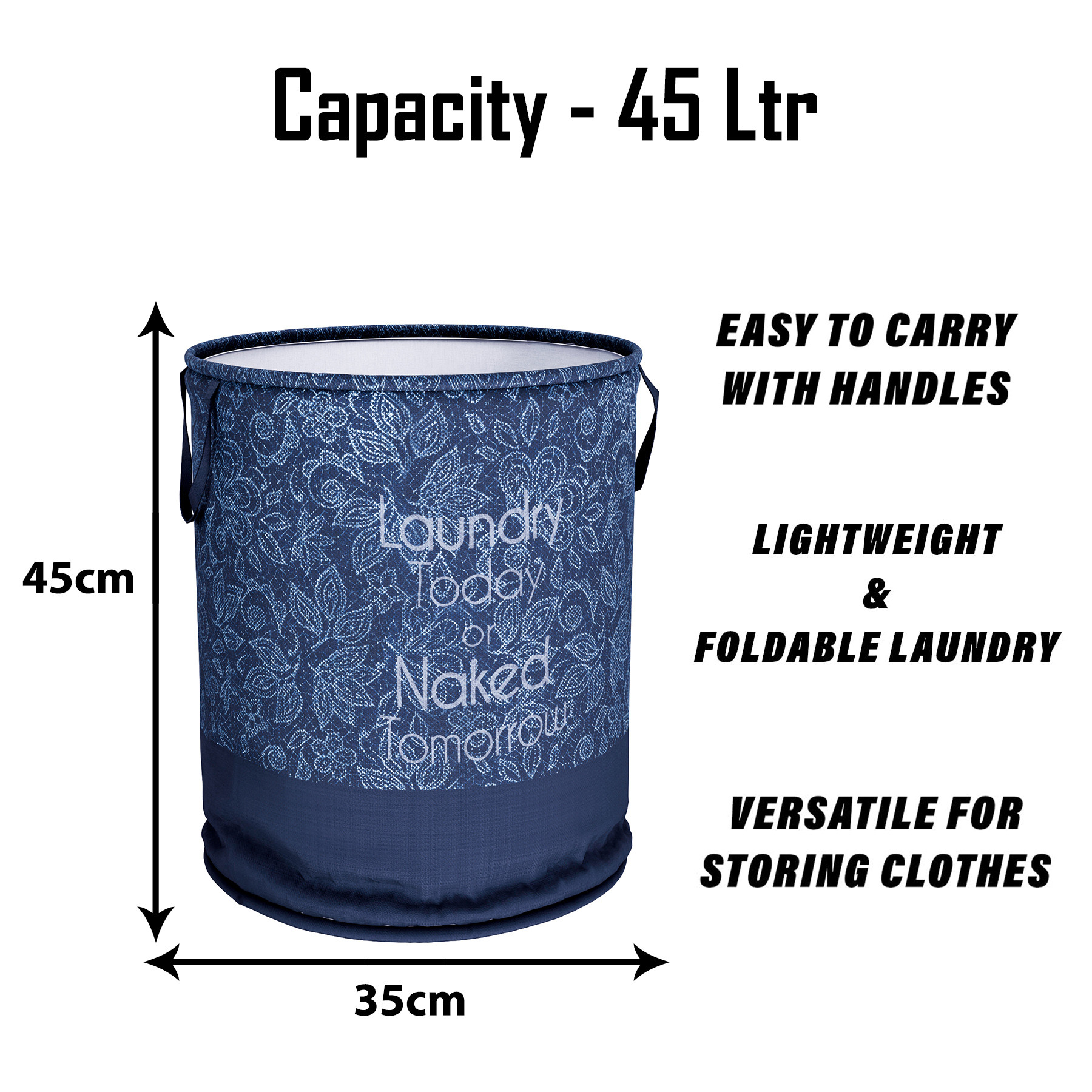 Kuber Industries Laundry Basket | Non-Woven Round Laundry Basket | Clothes Storage Hamper | Foldable Laundry Bag with Handle | Toy Storage Basket | Flower-Print | 45 LTR | Navy Blue