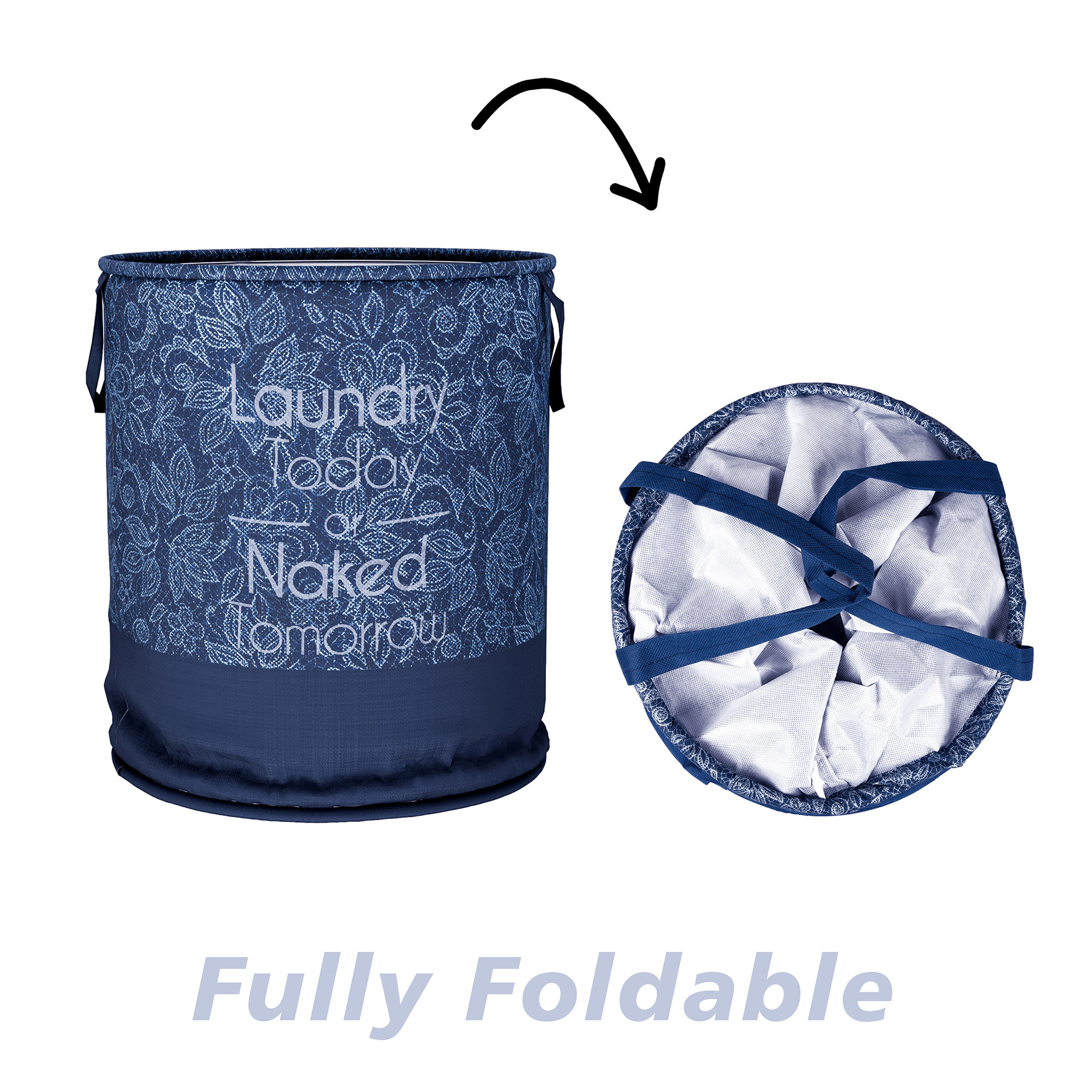 Kuber Industries Laundry Basket | Non-Woven Round Laundry Basket | Clothes Storage Hamper | Foldable Laundry Bag with Handle | Toy Storage Basket | Flower-Print | 45 LTR | Navy Blue
