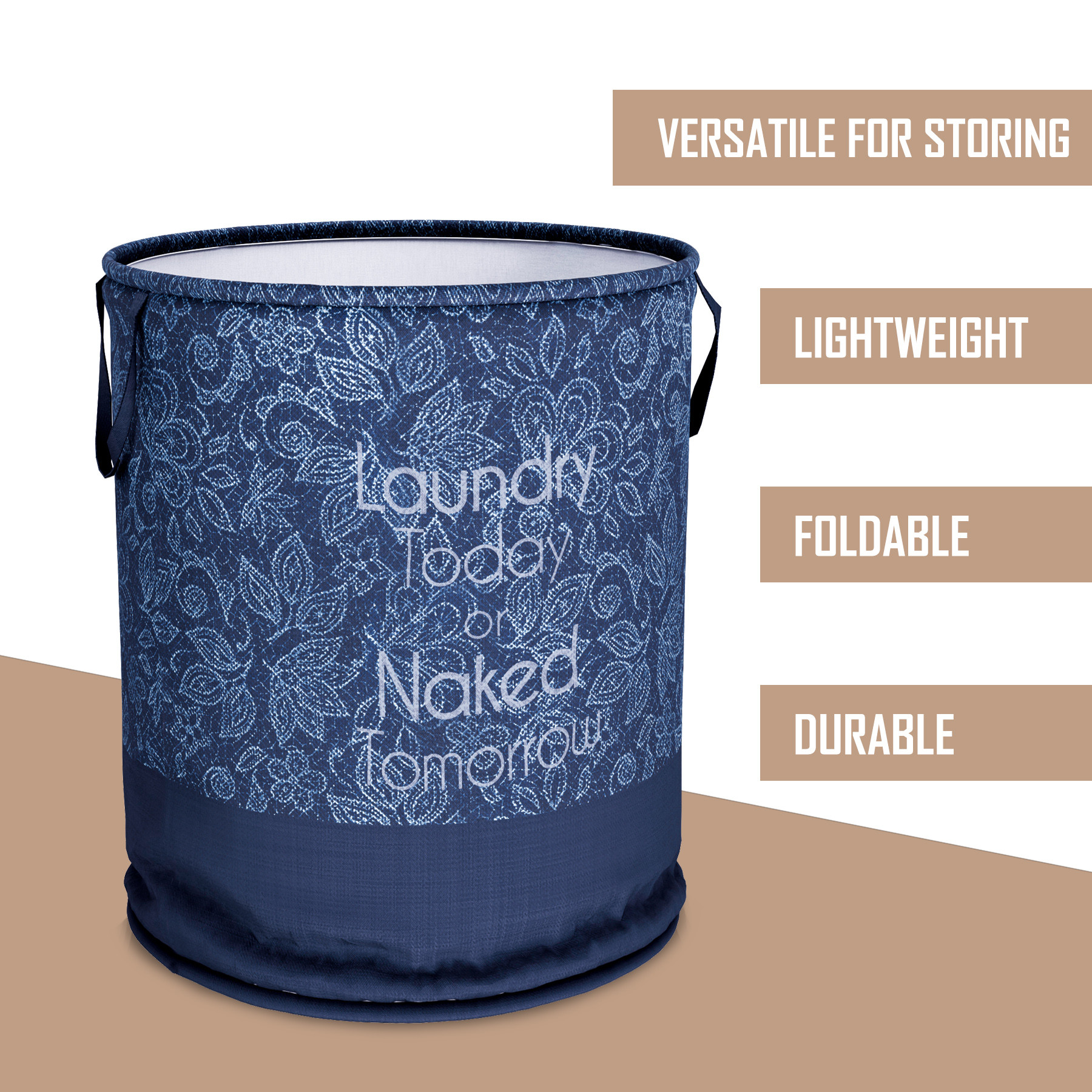 Kuber Industries Laundry Basket | Non-Woven Round Laundry Basket | Clothes Storage Hamper | Foldable Laundry Bag with Handle | Toy Storage Basket | Flower-Print | 45 LTR | Navy Blue