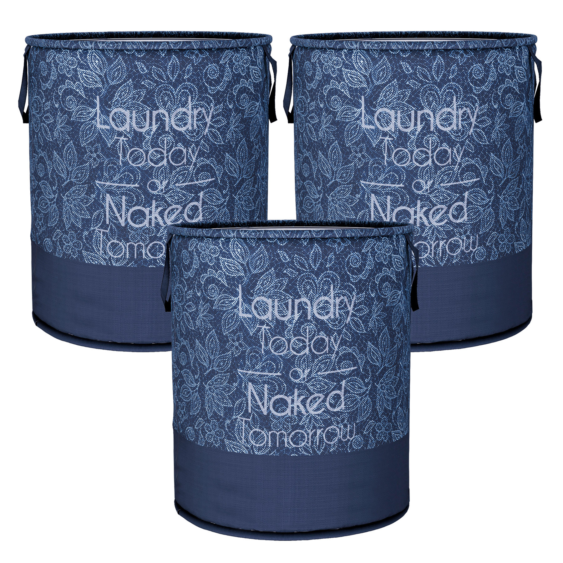 Kuber Industries Laundry Basket | Non-Woven Round Laundry Basket | Clothes Storage Hamper | Foldable Laundry Bag with Handle | Toy Storage Basket | Flower-Print | 45 LTR | Navy Blue