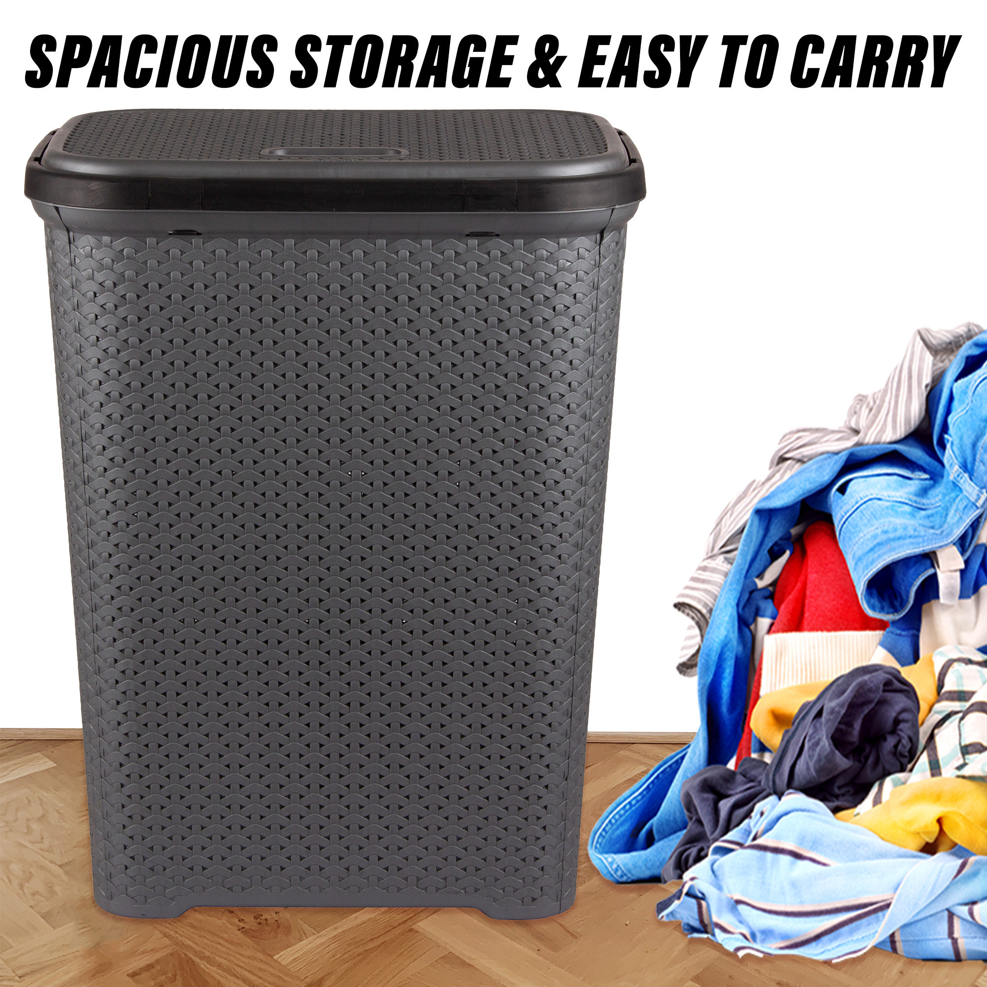 Kuber Industries Laundry Basket  Plastic Cloth Storage Hamper  Laundry Storage Basket with Lid  Laundry Basket For Bathroom  Storage Organizer  ELEGANCE  Gray