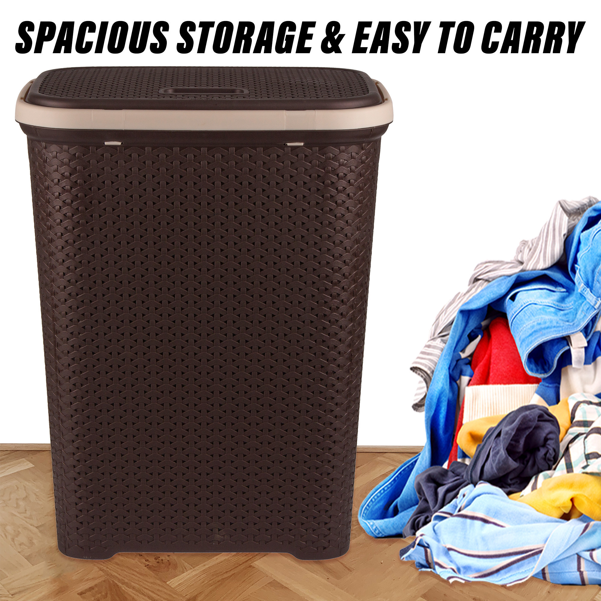 Kuber Industries Laundry Basket  Plastic Cloth Storage Hamper  Laundry Storage Basket with Lid  Laundry Basket For Bathroom  Storage Organizer  ELEGANCE  Brown