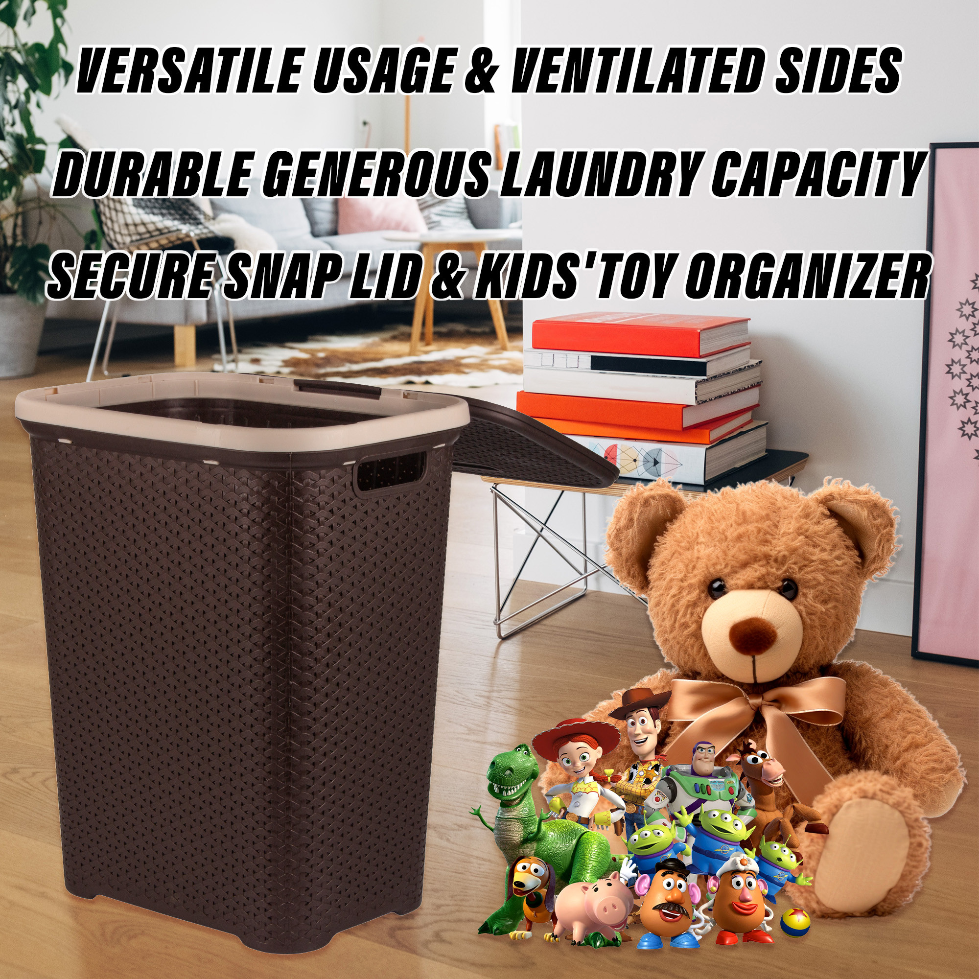 Kuber Industries Laundry Basket  Plastic Cloth Storage Hamper  Laundry Storage Basket with Lid  Laundry Basket For Bathroom  Storage Organizer  ELEGANCE  Brown