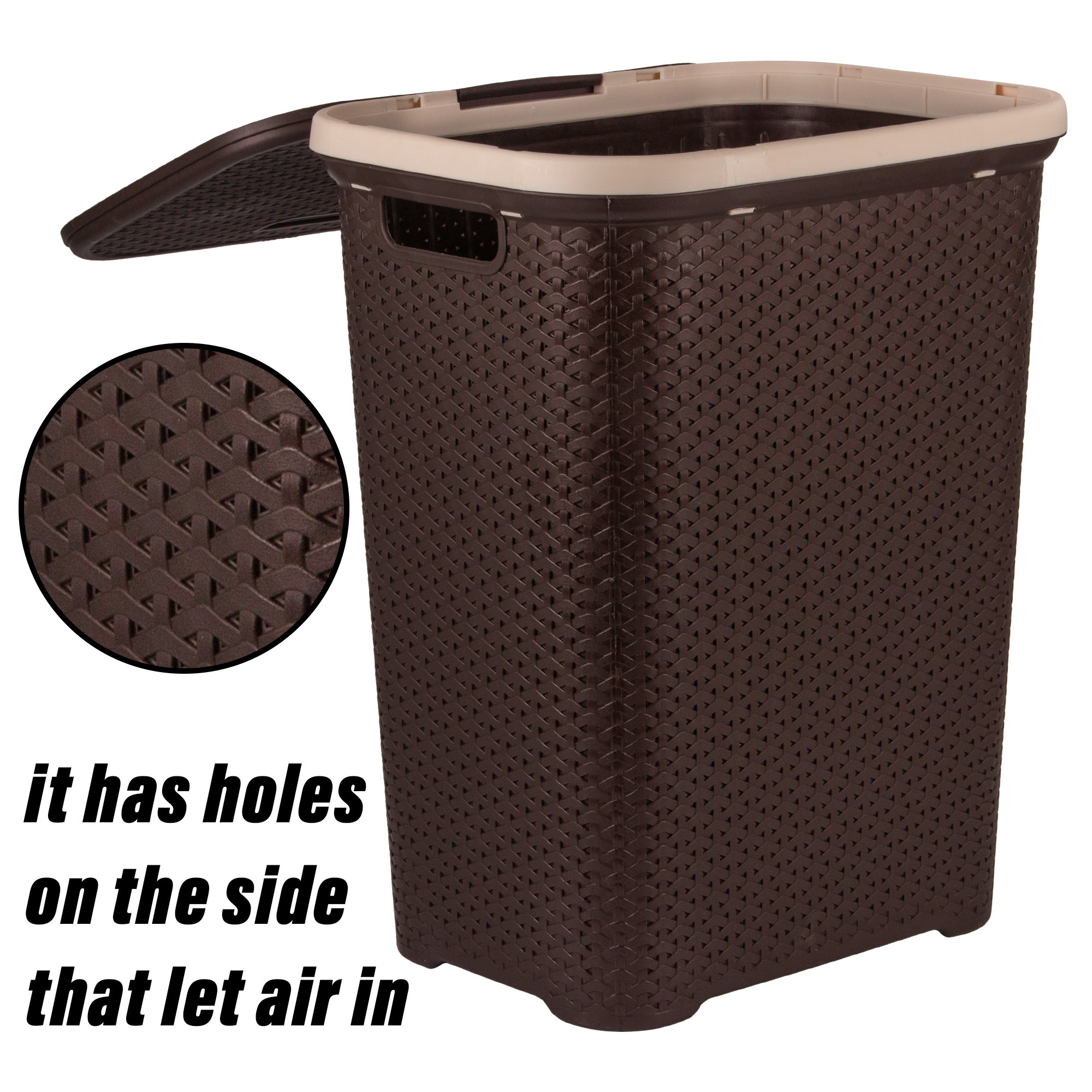 Kuber Industries Laundry Basket | Plastic Cloth Storage Hamper | Laundry Storage Basket with Lid | Laundry Basket For Bathroom | Storage Organizer | ELEGANCE | Brown