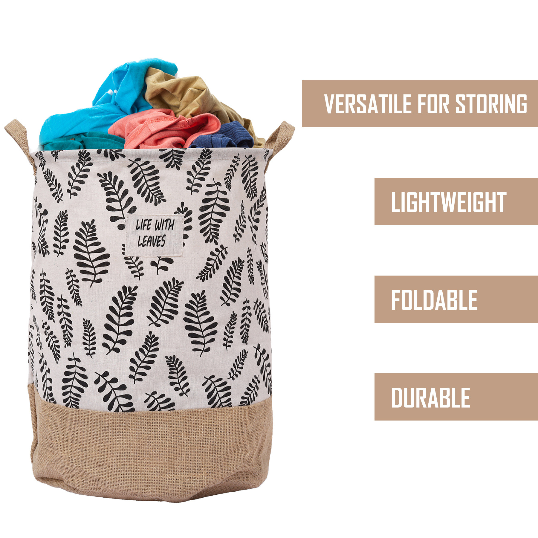 Kuber Industries Laundry Basket  Round Foldable Laundry Basket  Flower Gol Jute Storage Bag  Clothes Basket for Home  Toy Storage Basket  45 LTR  Brown