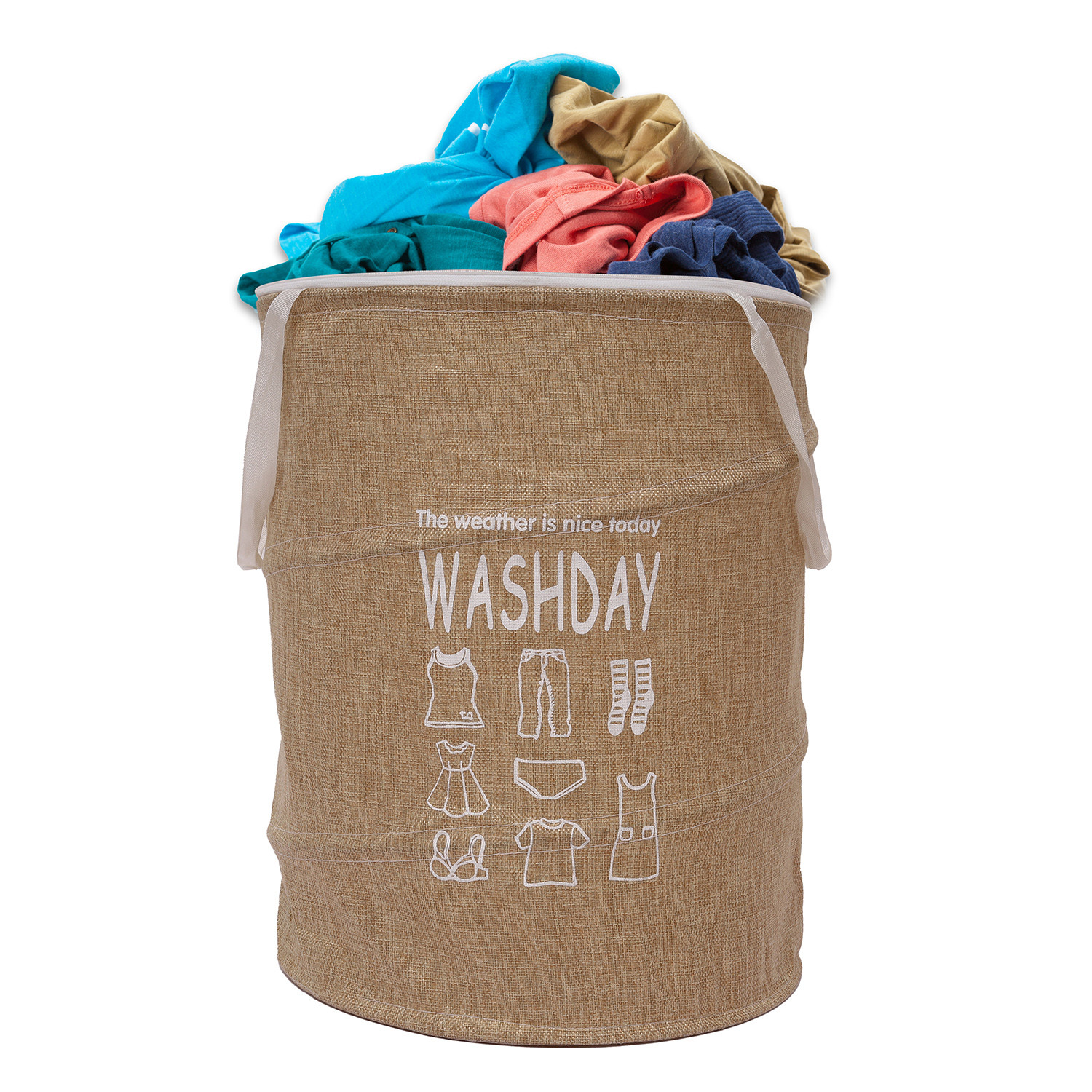 Kuber Industries Laundry Basket  Round Foldable Laundry Basket  Jute Storage Bag with Button Handles  Clothes Basket for Home  Toy Storage Basket  45 LTR  Beige