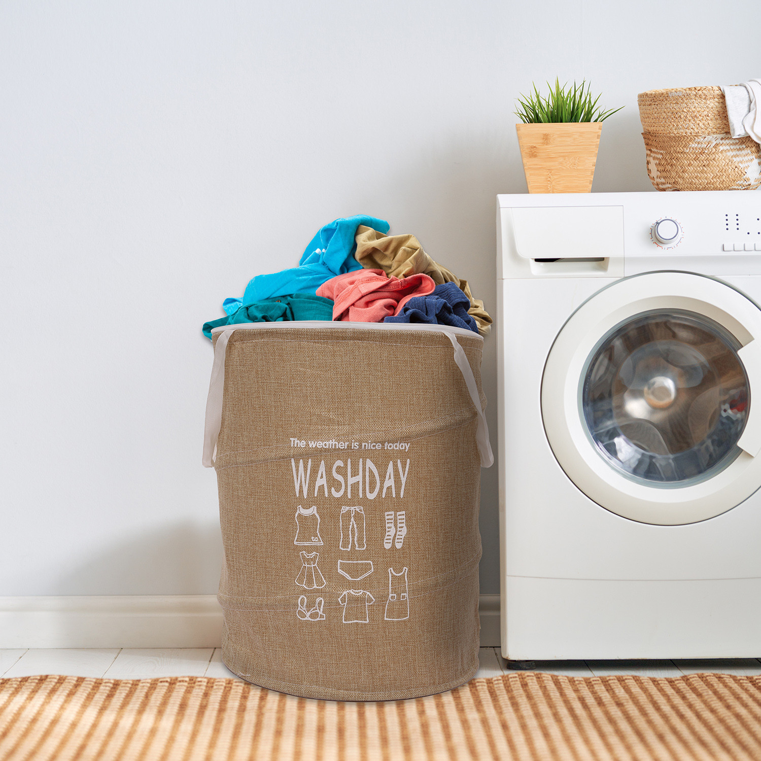 Kuber Industries Laundry Basket  Round Foldable Laundry Basket  Jute Storage Bag with Button Handles  Clothes Basket for Home  Toy Storage Basket  45 LTR  Beige