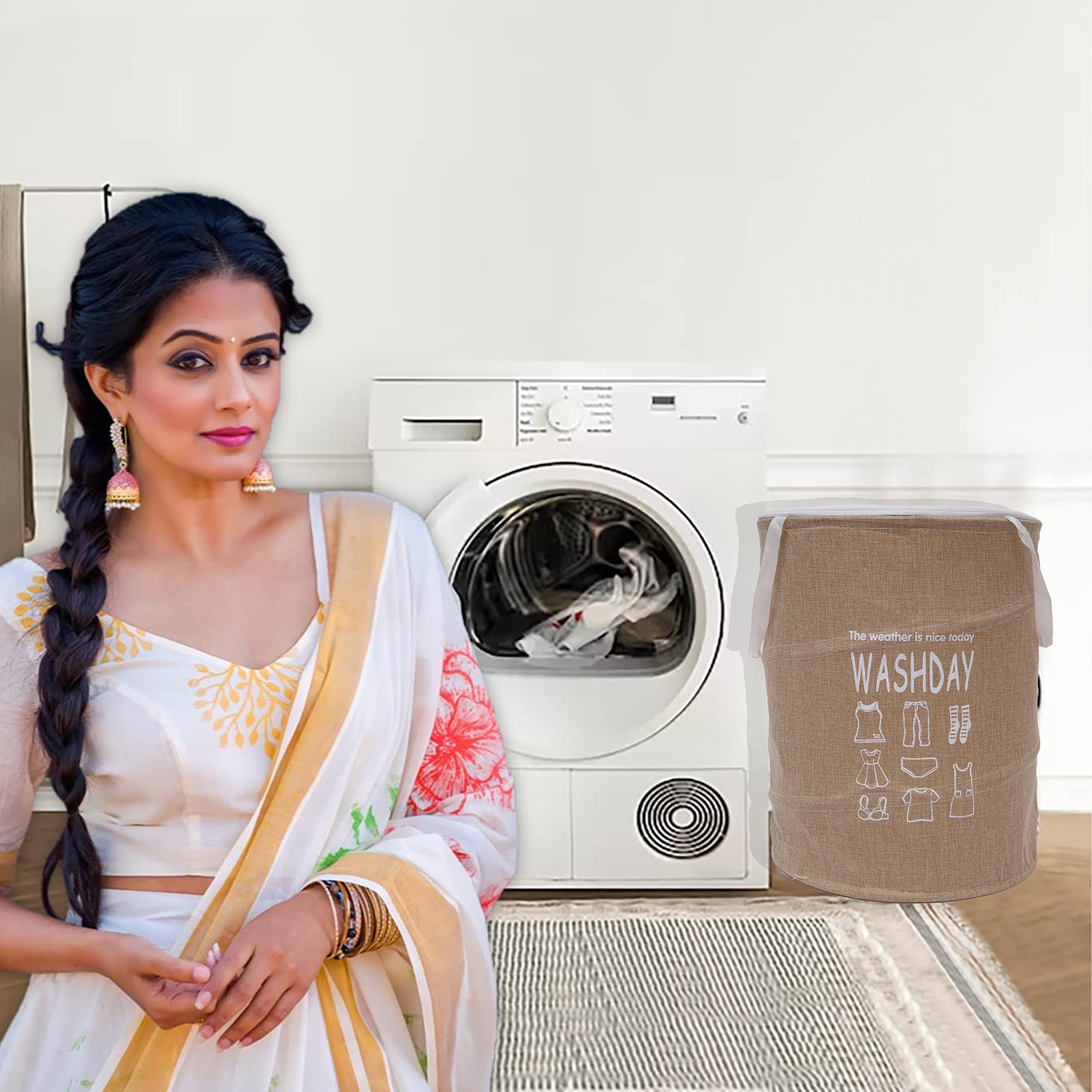 Kuber Industries Laundry Basket  Round Foldable Laundry Basket  Jute Storage Bag with Button Handles  Clothes Basket for Home  Toy Storage Basket  45 LTR  Beige