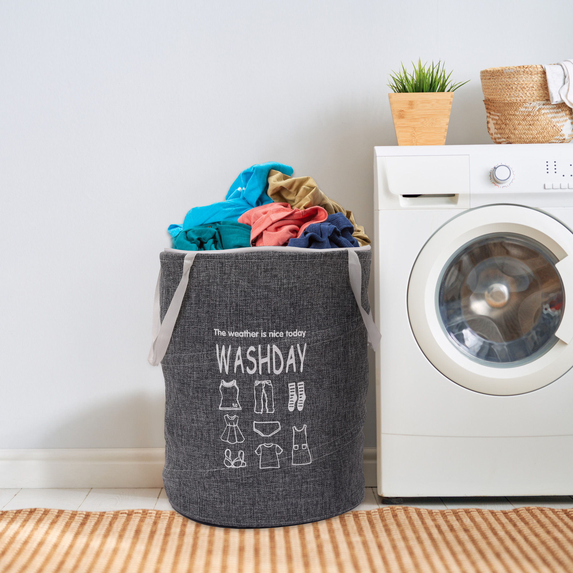 Kuber Industries Laundry Basket  Round Foldable Laundry Basket  Jute Storage Bag with Button Handles  Clothes Basket for Home  Toy Storage Basket  45 LTR  Gray