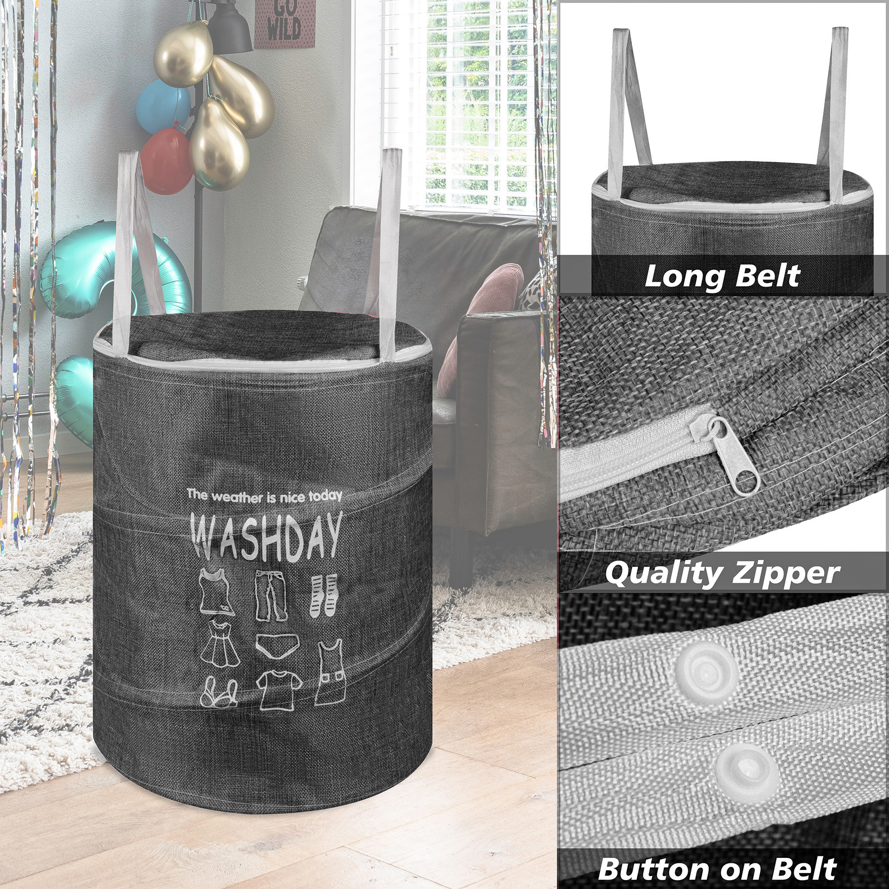 Kuber Industries Laundry Basket  Round Foldable Laundry Basket  Jute Storage Bag with Button Handles  Clothes Basket for Home  Toy Storage Basket  45 LTR  Gray