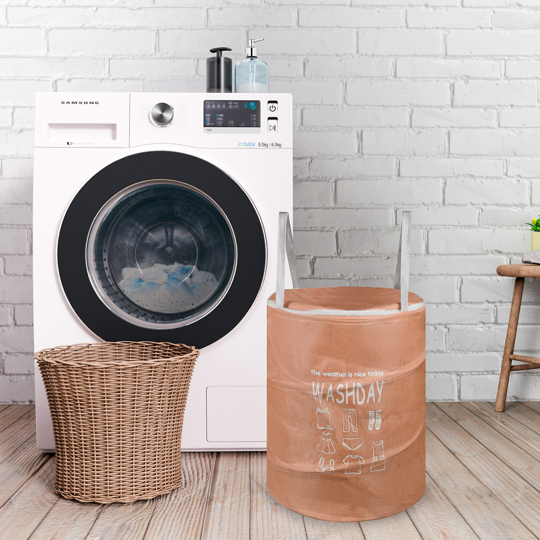 Kuber Industries Laundry Basket  Round Foldable Laundry Basket  Jute Storage Bag with Button Handles  Clothes Basket for Home  Toy Storage Basket  45 LTR  Peach