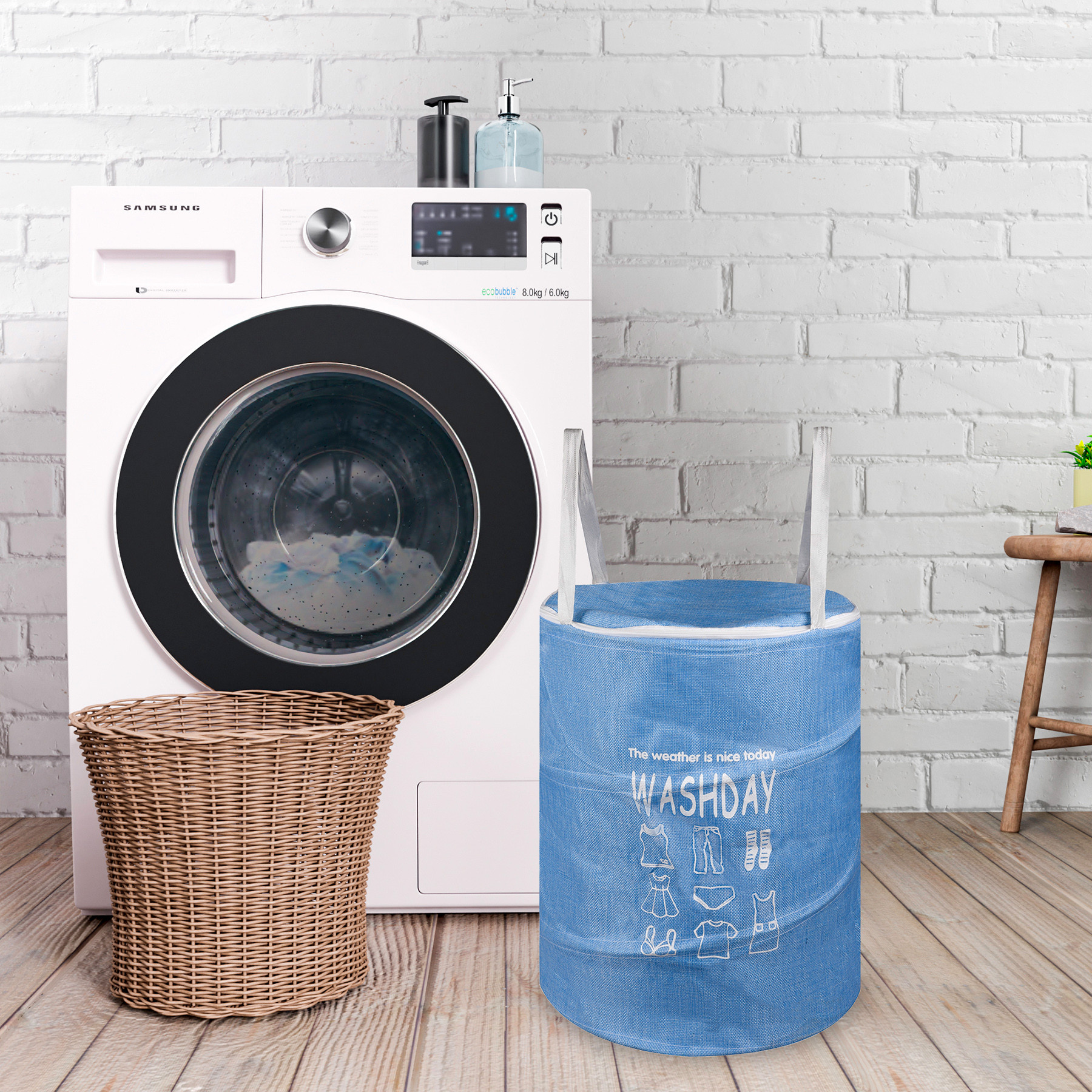 Kuber Industries Laundry Basket  Round Foldable Laundry Basket  Jute Storage Bag with Button Handles  Clothes Basket for Home  Toy Storage Basket  45 LTR  Blue