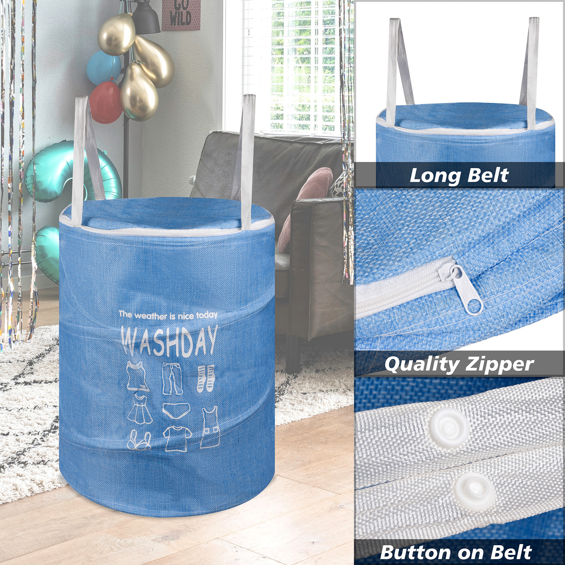 Kuber Industries Laundry Basket  Round Foldable Laundry Basket  Jute Storage Bag with Button Handles  Clothes Basket for Home  Toy Storage Basket  45 LTR  Blue
