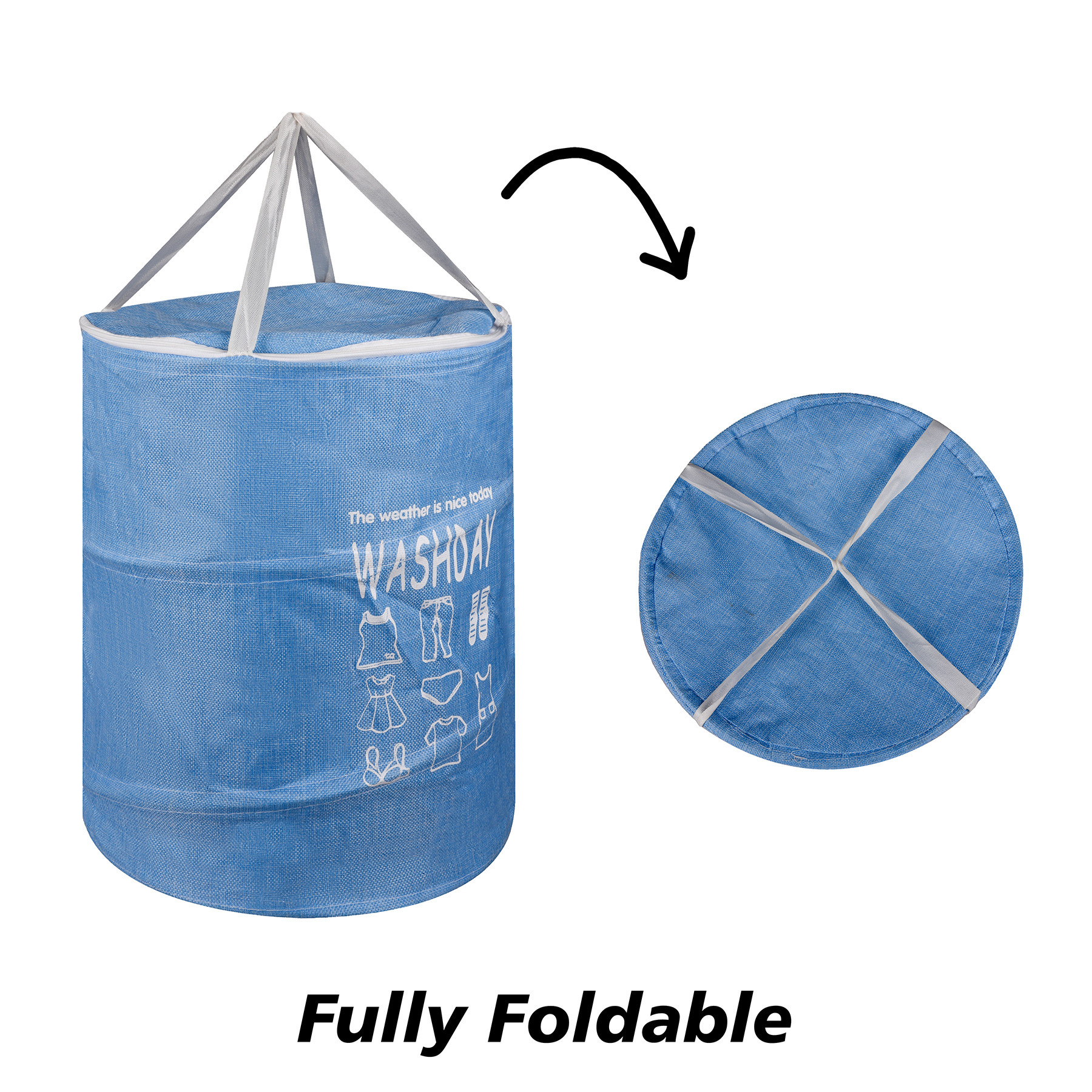 Kuber Industries Laundry Basket  Round Foldable Laundry Basket  Jute Storage Bag with Button Handles  Clothes Basket for Home  Toy Storage Basket  45 LTR  Blue