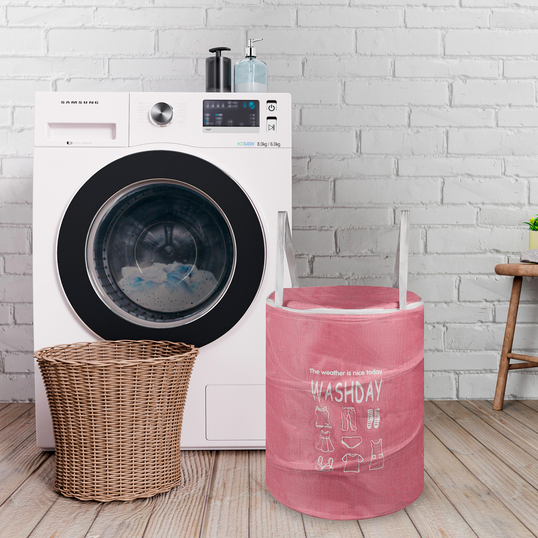 Kuber Industries Laundry Basket  Round Foldable Laundry Basket  Jute Storage Bag with Button Handles  Clothes Basket for Home  Toy Storage Basket  45 LTR  Pink