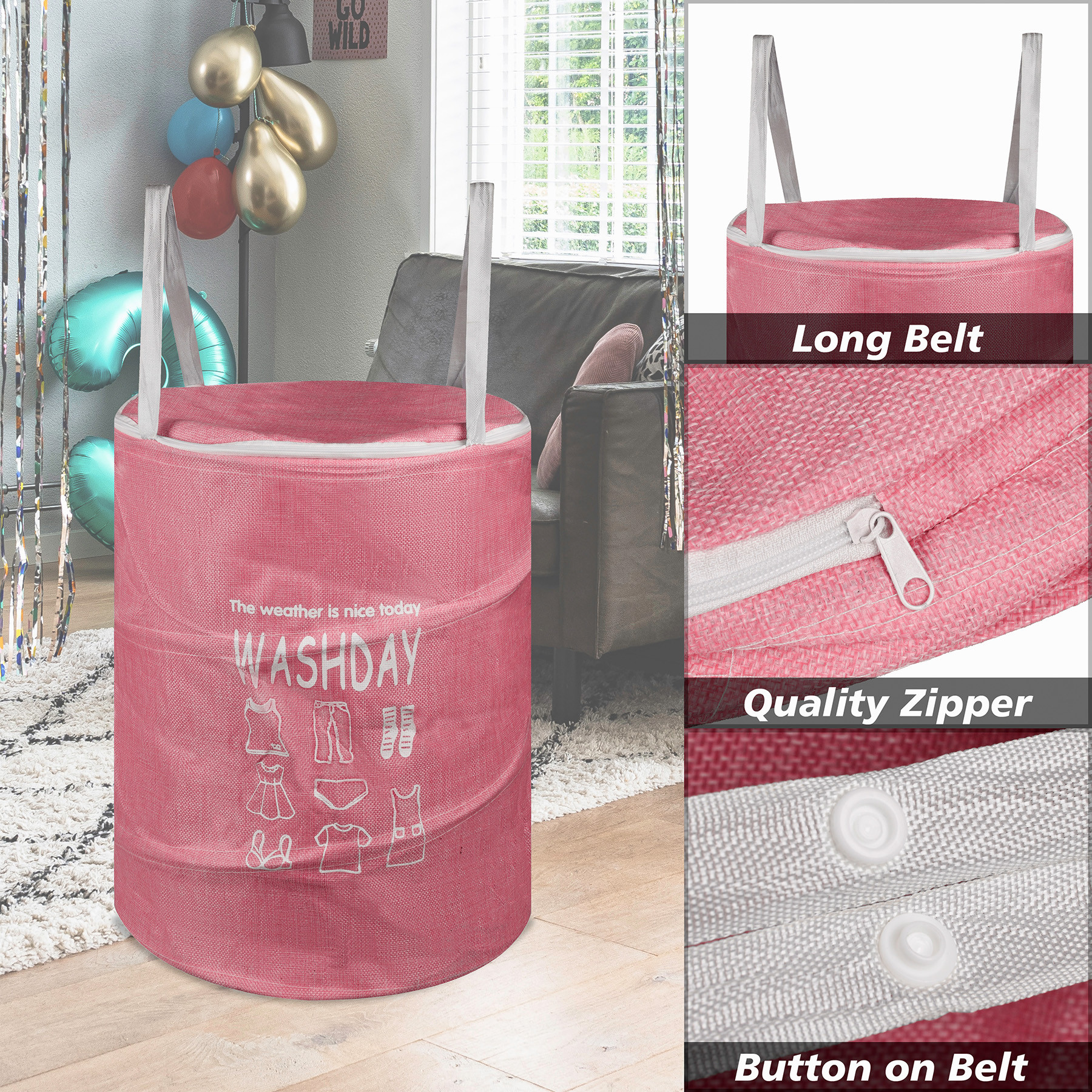 Kuber Industries Laundry Basket | Round Foldable Laundry Basket | Jute Storage Bag with Button Handles | Clothes Basket for Home | Toy Storage Basket | 45 LTR | Pink