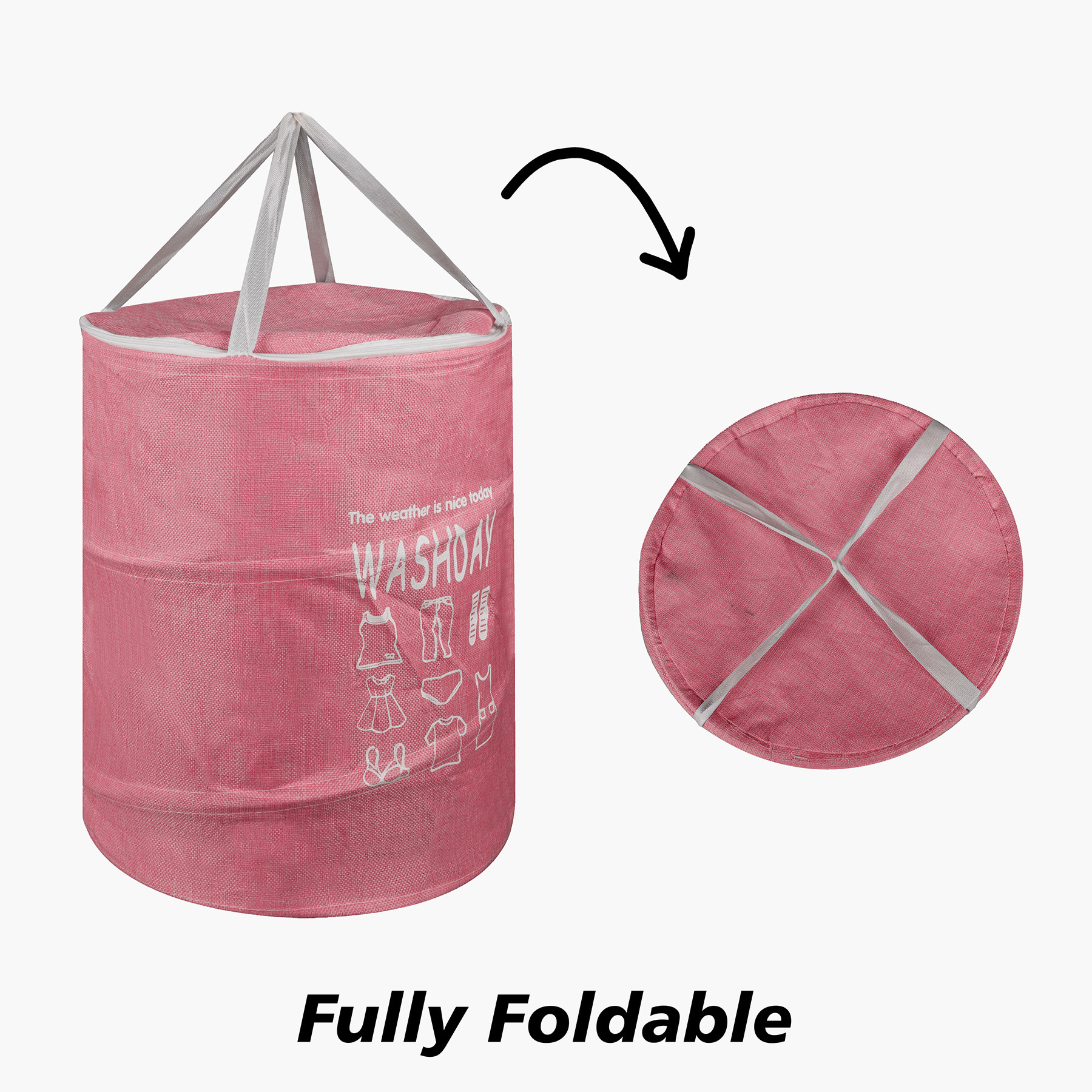 Kuber Industries Laundry Basket | Round Foldable Laundry Basket | Jute Storage Bag with Button Handles | Clothes Basket for Home | Toy Storage Basket | 45 LTR | Pink