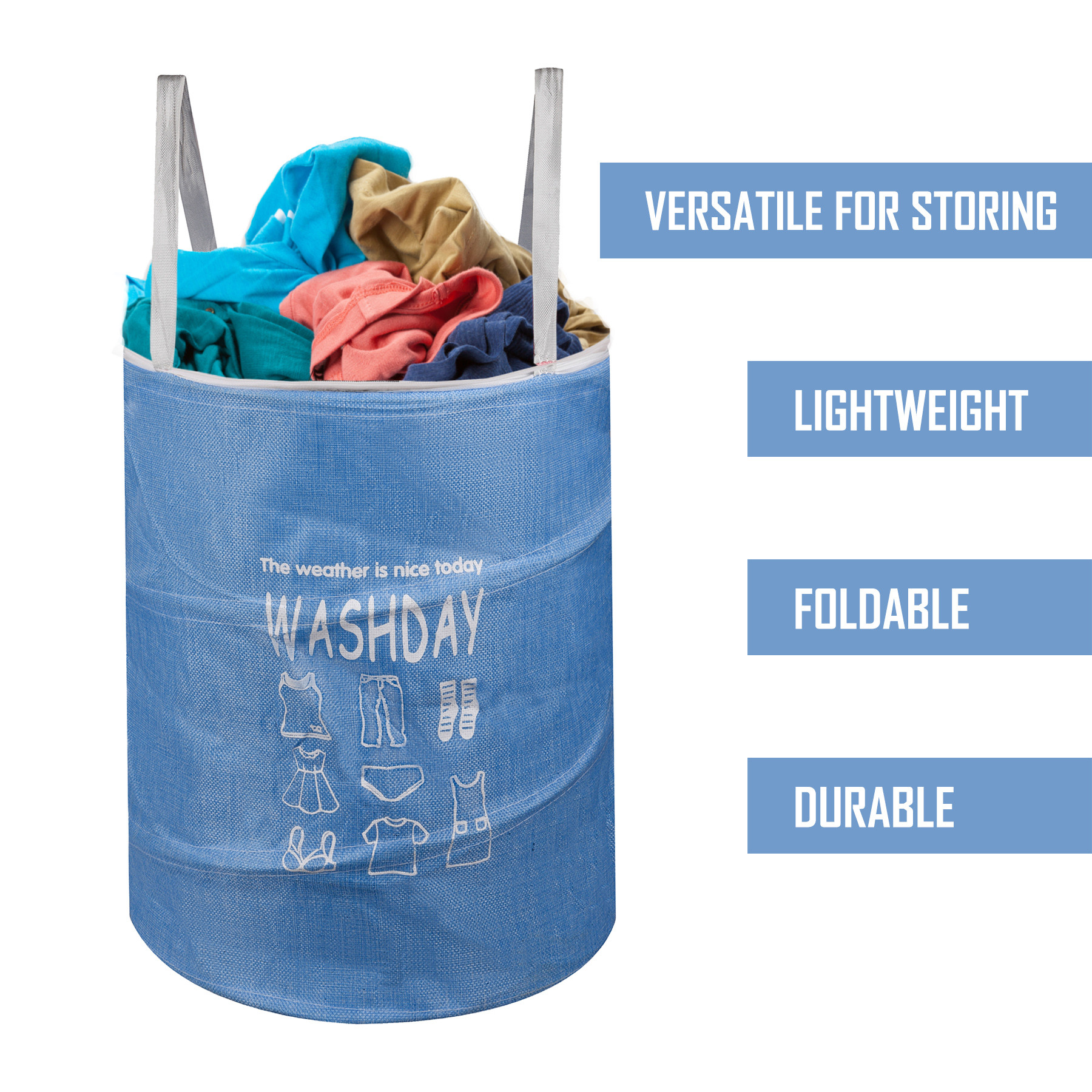 Kuber Industries Laundry Basket | Round Foldable Laundry Basket | Jute Storage Bag with Button Handles | Clothes Basket for Home | Toy Storage Basket | 45 LTR | Blue