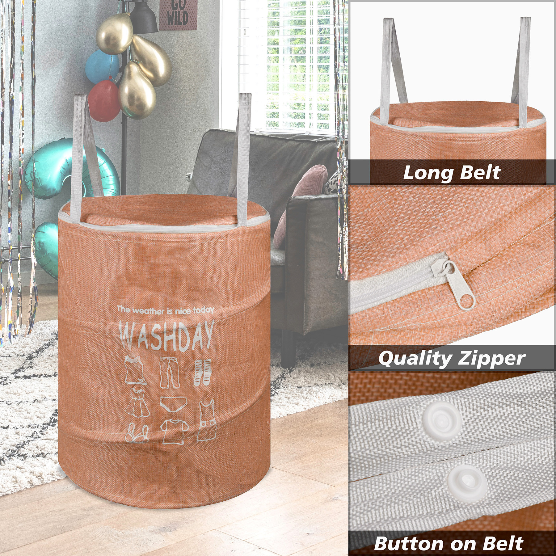 Kuber Industries Laundry Basket | Round Foldable Laundry Basket | Jute Storage Bag with Button Handles | Clothes Basket for Home | Toy Storage Basket | 45 LTR | Peach