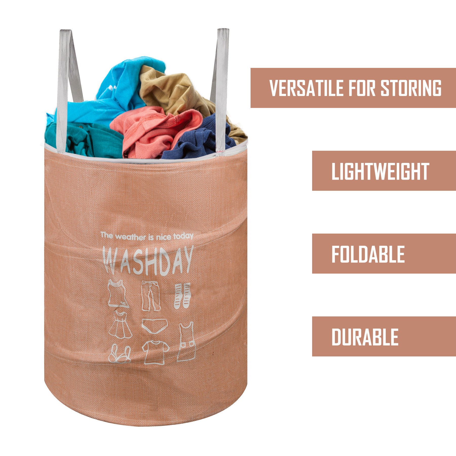 Kuber Industries Laundry Basket | Round Foldable Laundry Basket | Jute Storage Bag with Button Handles | Clothes Basket for Home | Toy Storage Basket | 45 LTR | Peach