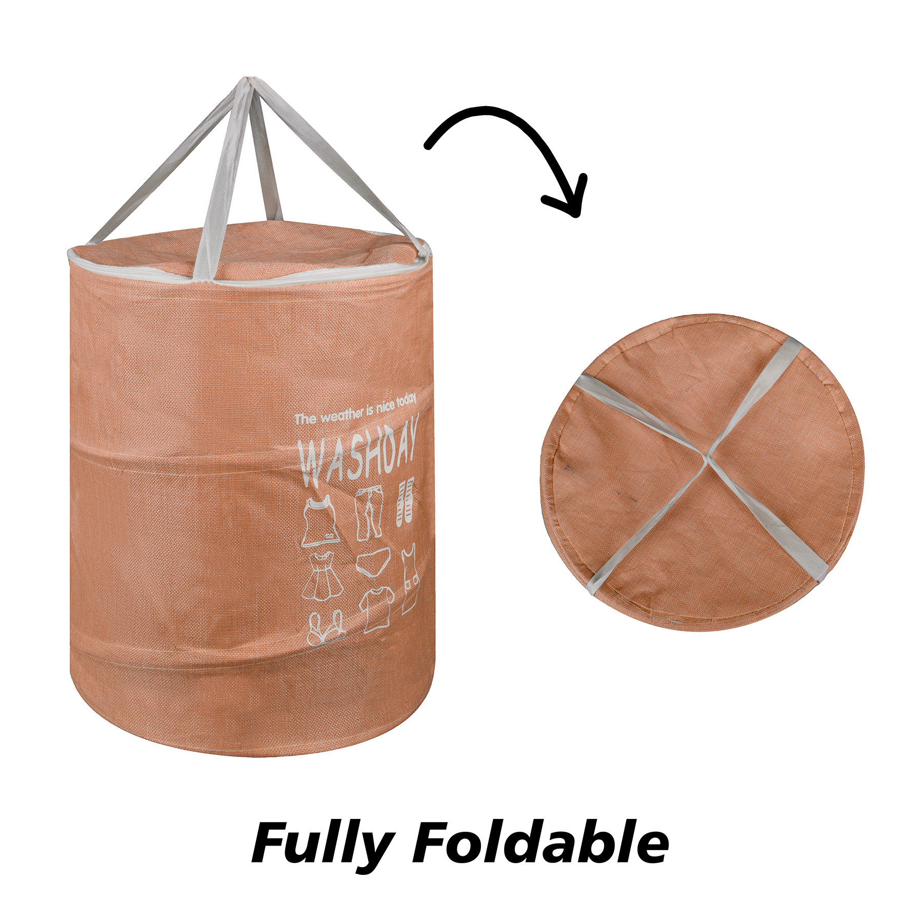 Kuber Industries Laundry Basket | Round Foldable Laundry Basket | Jute Storage Bag with Button Handles | Clothes Basket for Home | Toy Storage Basket | 45 LTR | Peach
