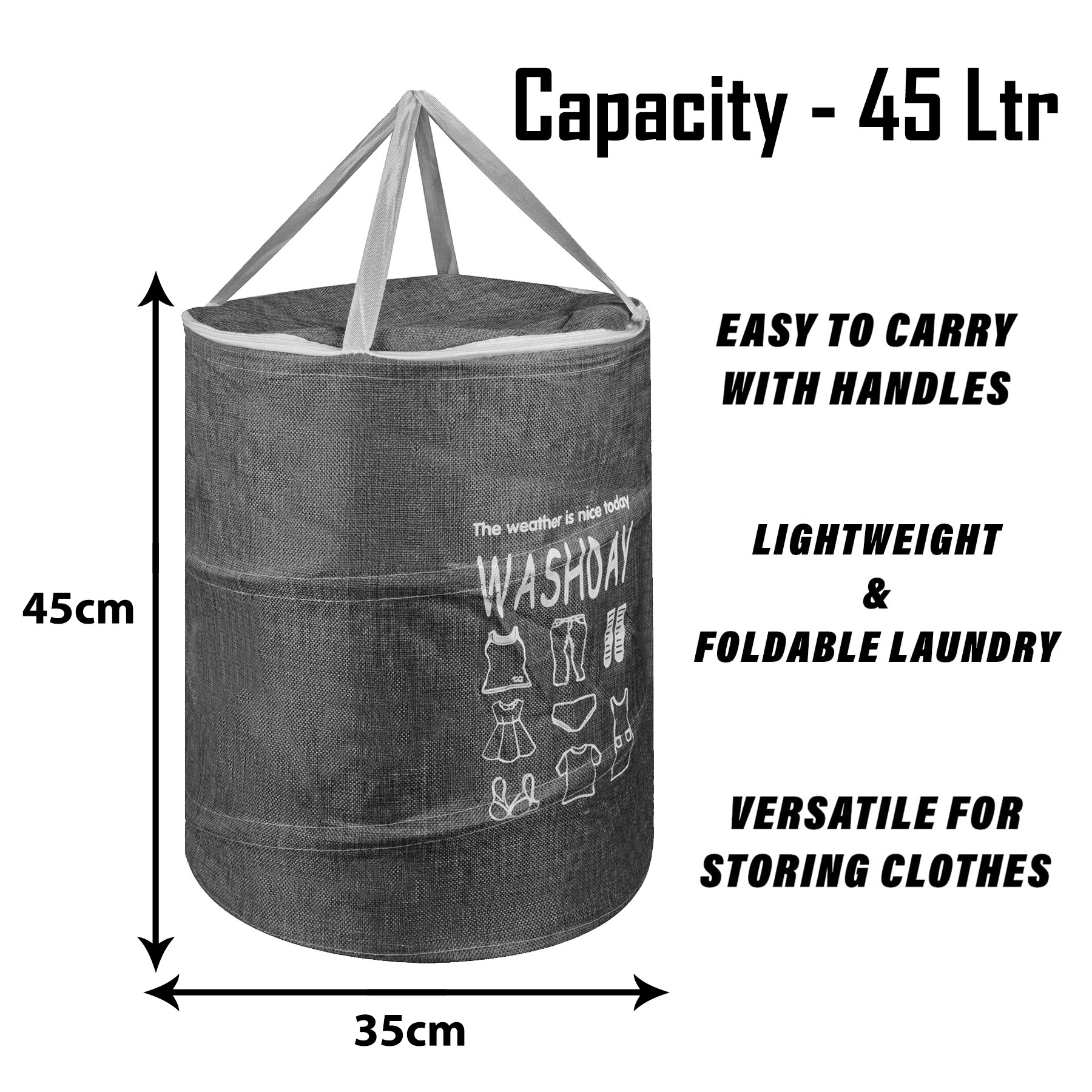 Kuber Industries Laundry Basket | Round Foldable Laundry Basket | Jute Storage Bag with Button Handles | Clothes Basket for Home | Toy Storage Basket | 45 LTR | Gray
